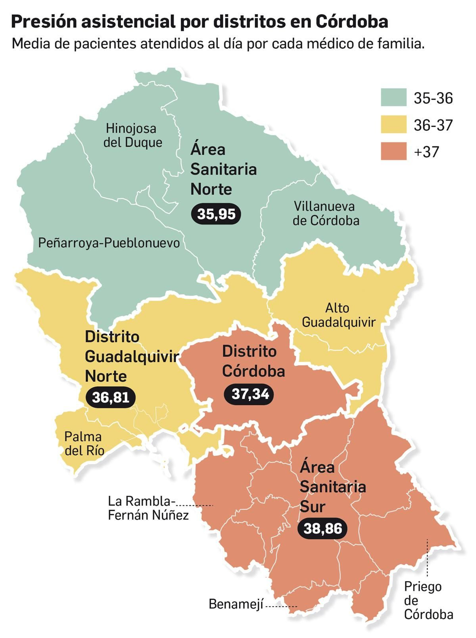 Mapa de la presión asistencial de los médicos de familia de Córdoba por áreas sanitarias. Fuente: Civio.