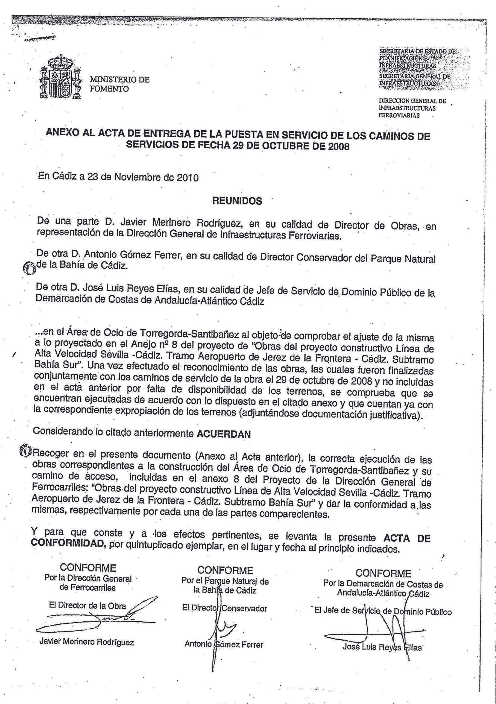 Documento de acta de entrega del carril de Adif a Costas.