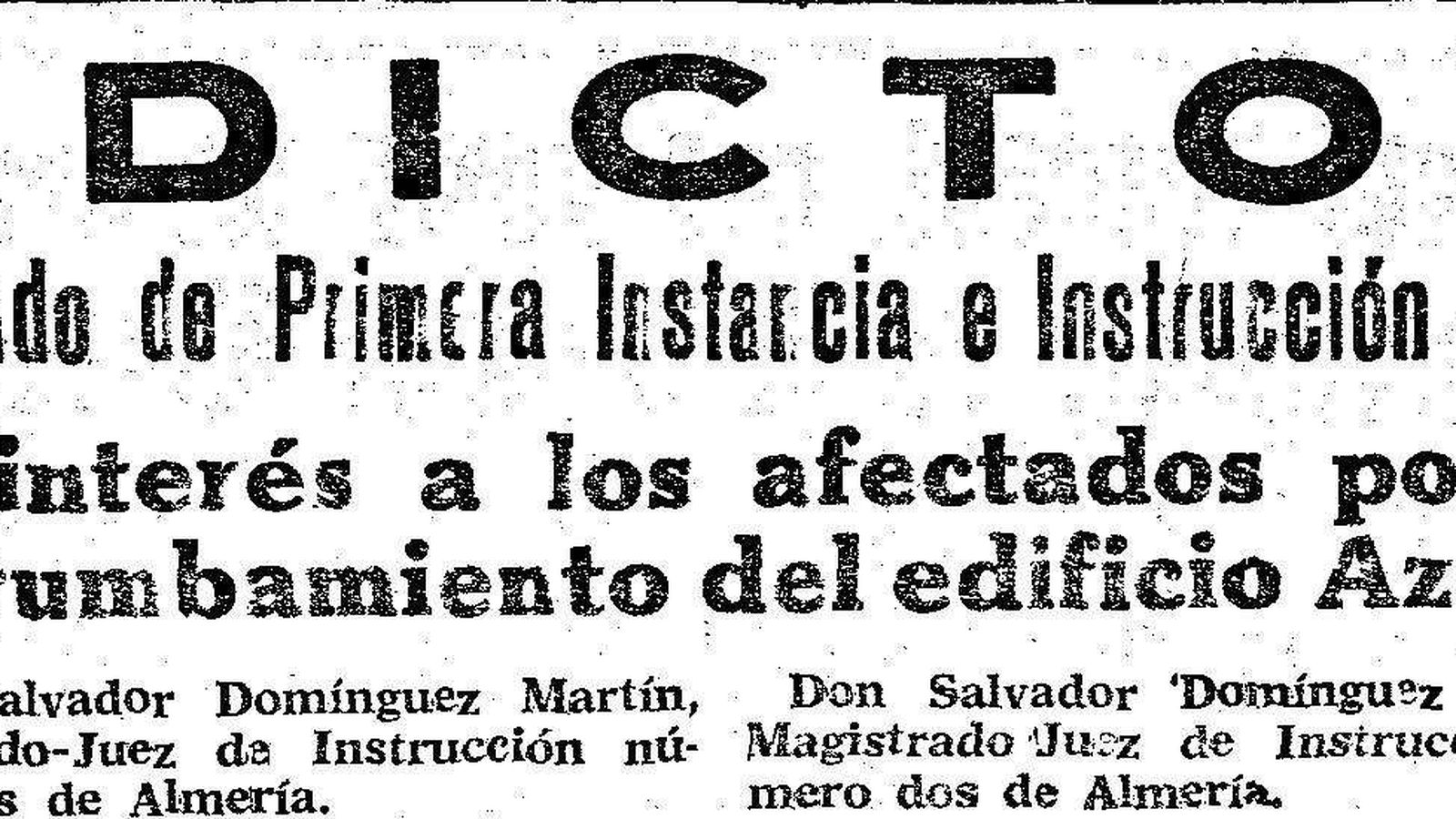 Edicto del juzgado para que los afectados con daños materiales por el hundimiento presentaran sus escritos de reclamación