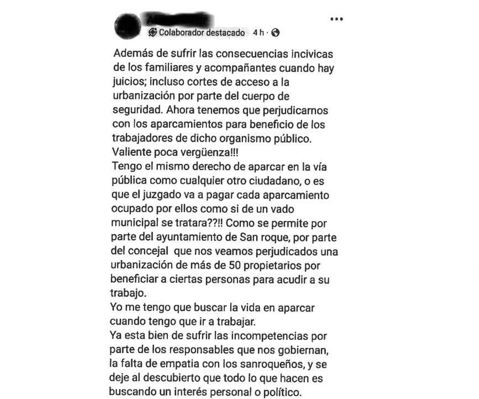 Comentario en una red social contrario al aparcamiento reservado a los juzgados.