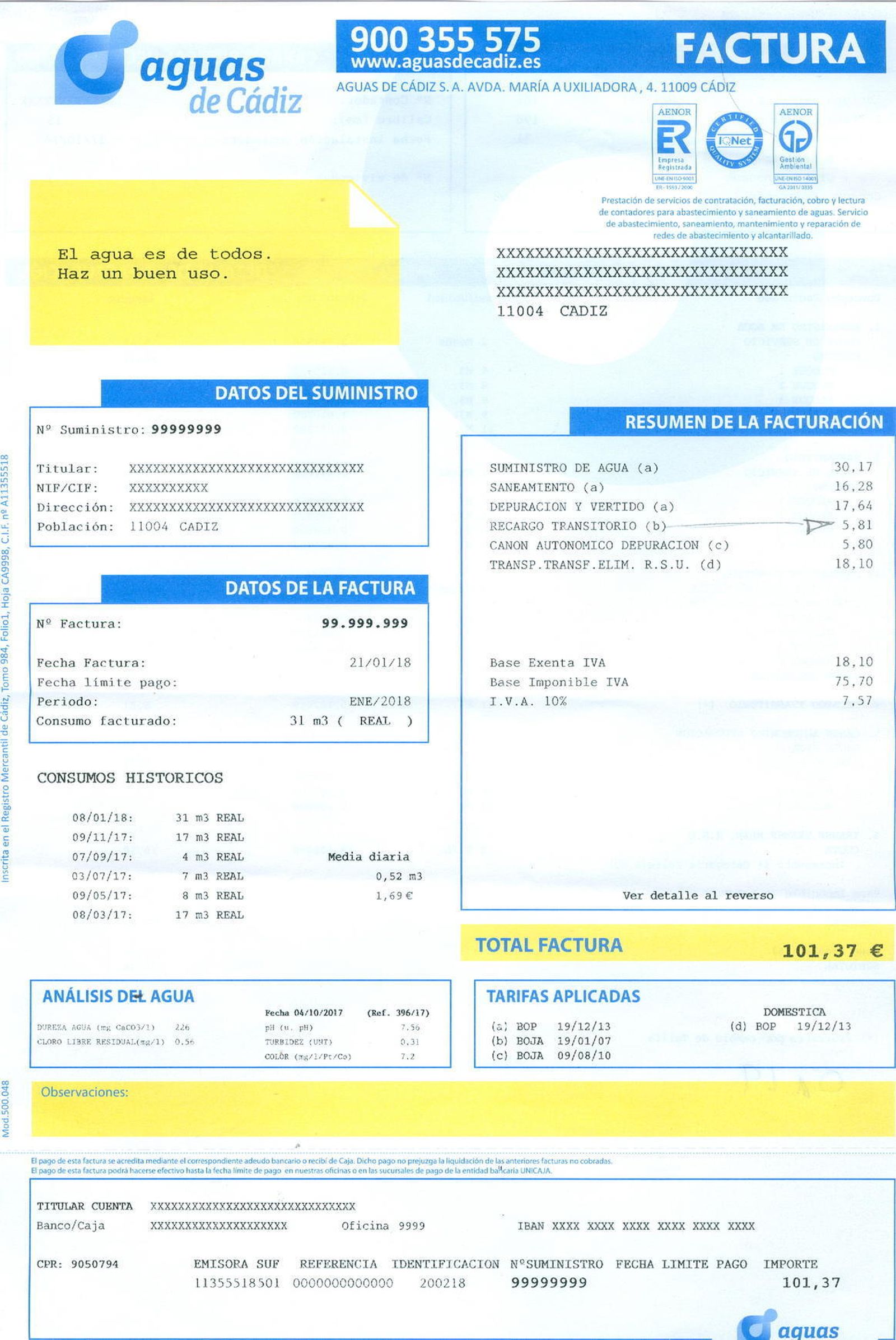 Copia de una factura tipo de Aguas de Cádiz.