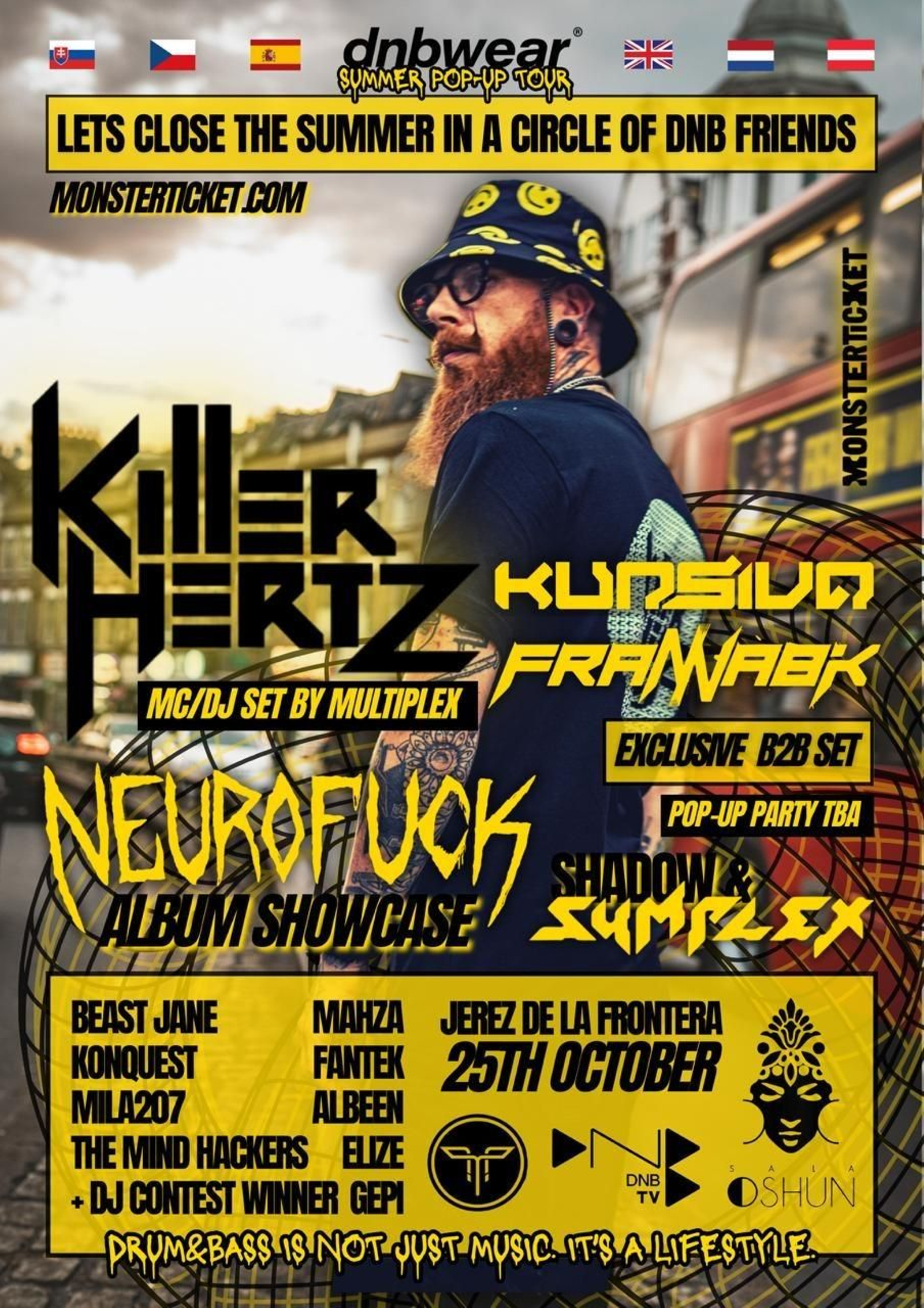 Cartel de la fiesta de DNB Wear organizada en Jerez para cerrar el verano