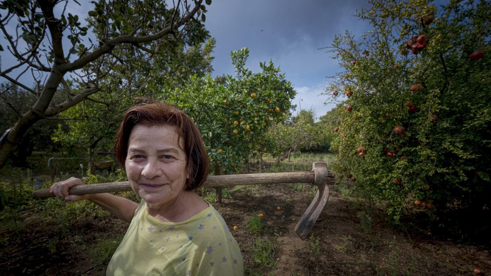 Teresa, la primera hortelana que llegó a la finca ecológica de Pedro, azada en mano dispuesta a trabajar.