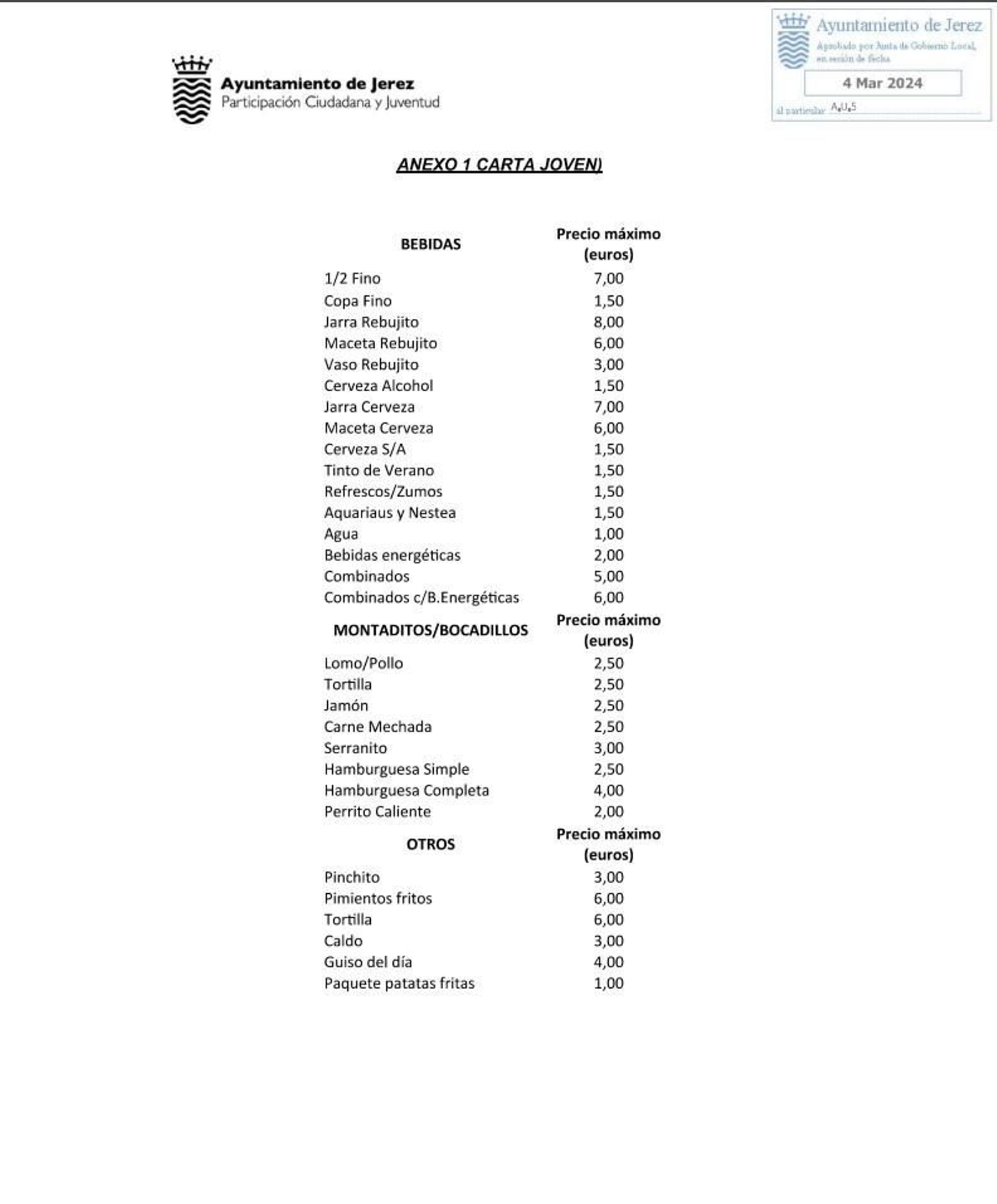 Lista de precios de la Caseta de la Juventud Lista de precios de la Caseta de la Juventud