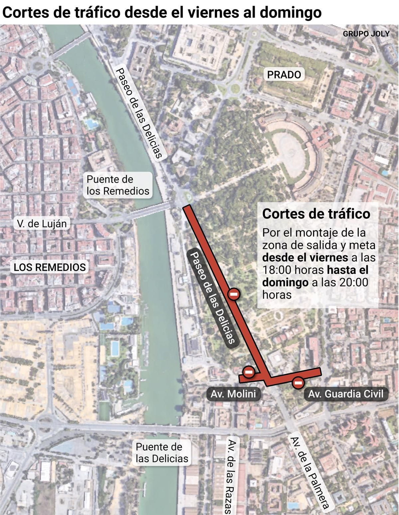 Mapa de los cortes de tráfico totales por el medio maratón de Sevilla 2025. Fuente: Emergencias Sevilla.