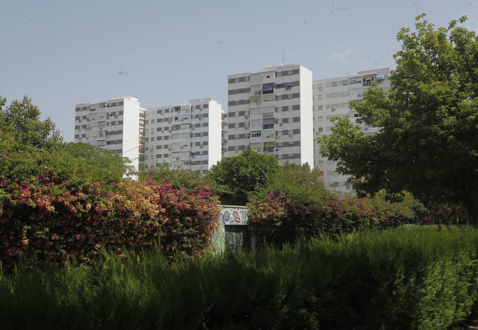 Los llamados pisos azules, primera fase que se construyó de la barriada de San Diego.