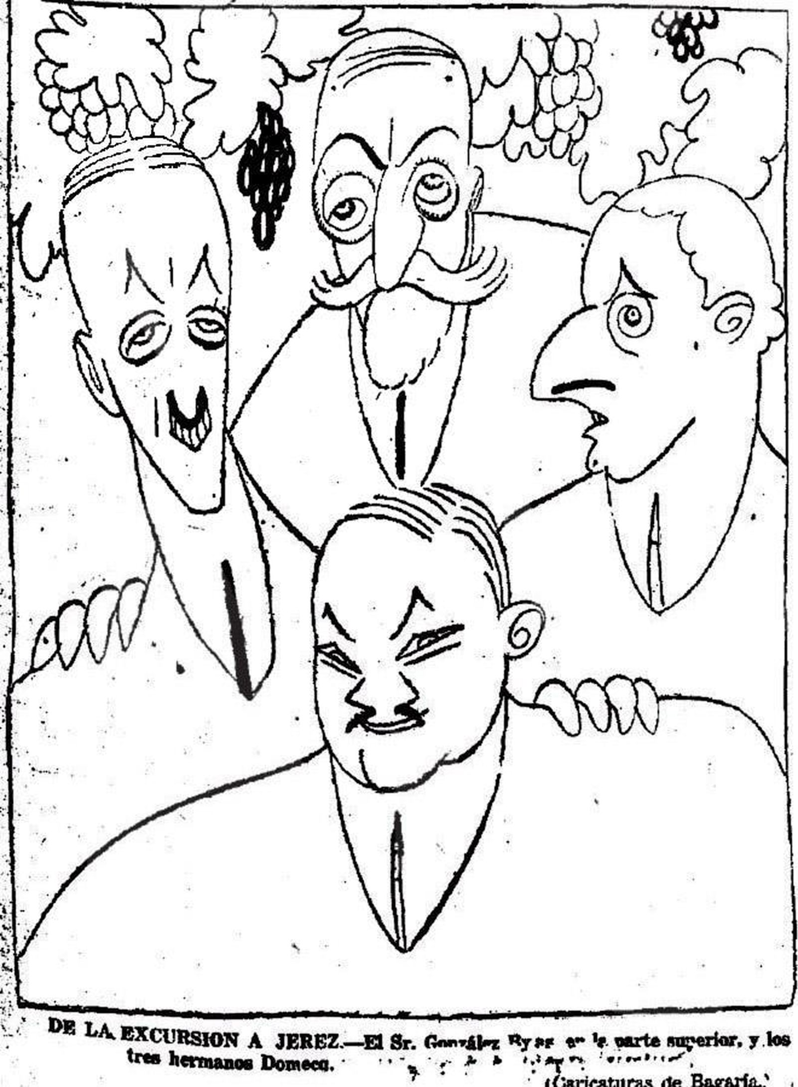 Cuatro bodegueros jerezanos caricaturizados por Luis Bagaría, 1924.