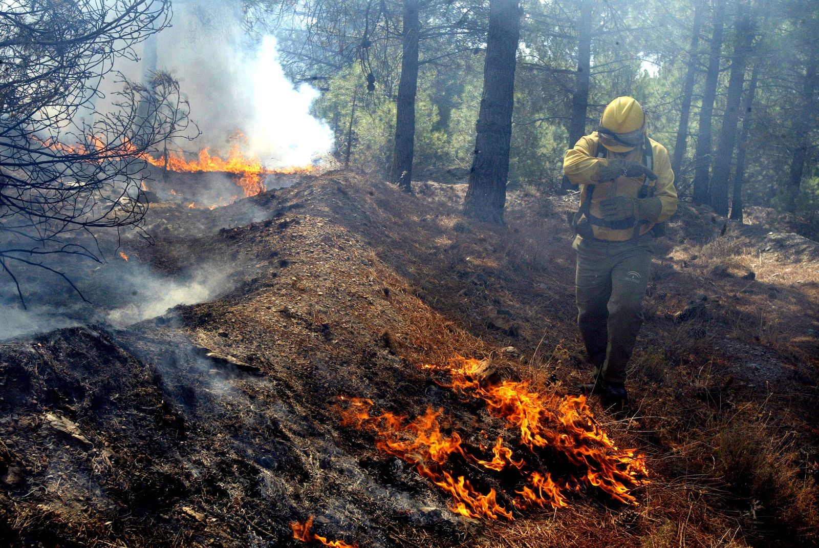 Un retén pasa junto a uno de los focos del incendio de Lanjarón.