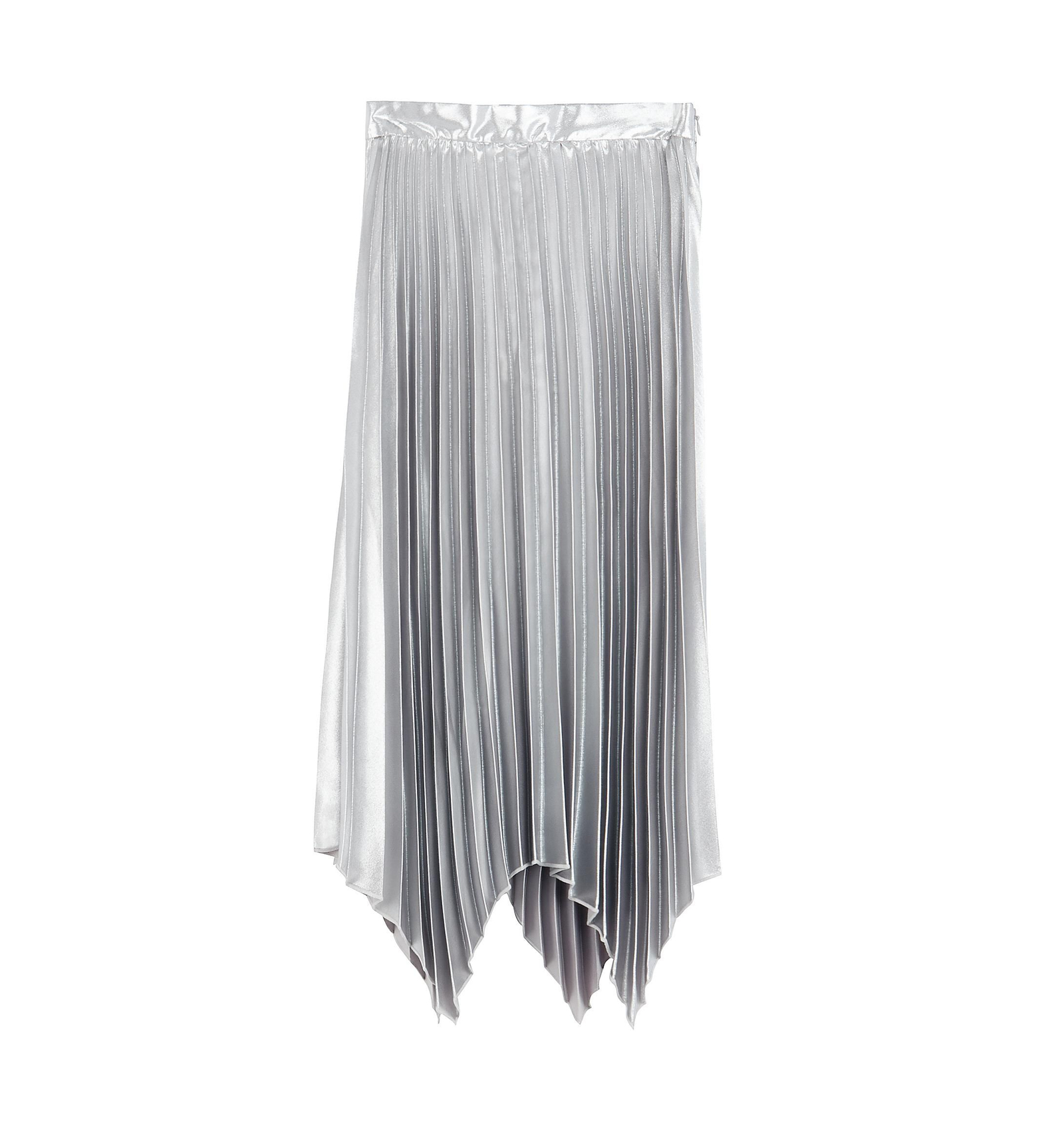 Falda midi plisada en tejido plateado brillante con bajo asimétrico, de Bershka.
