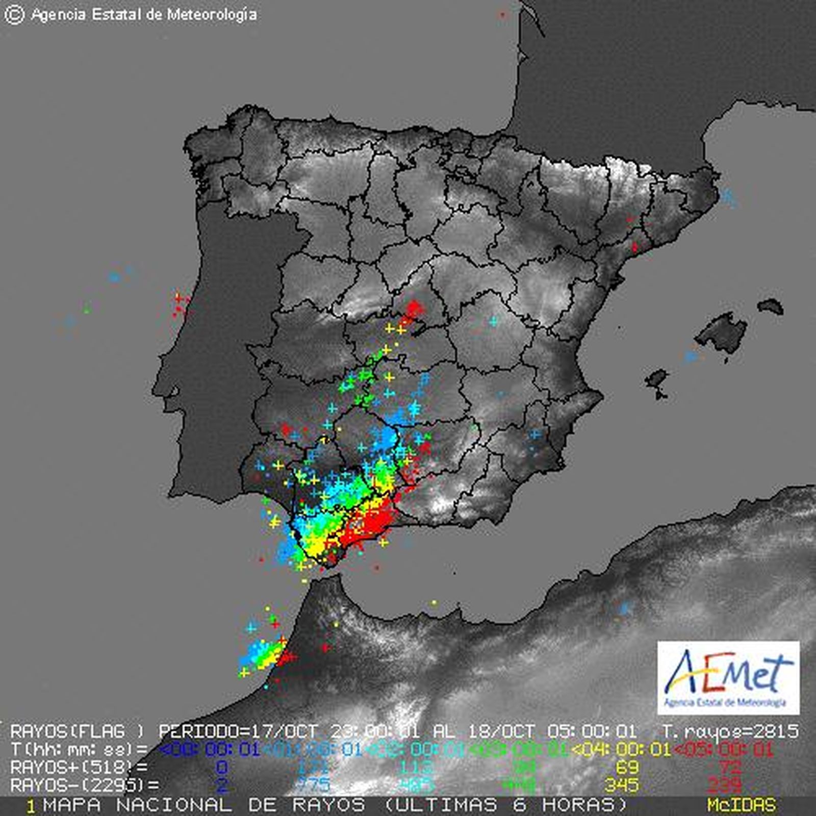 Mapa de la Agencia de Meteorología con los rayos concentrados en la provincia desde las 7:00.