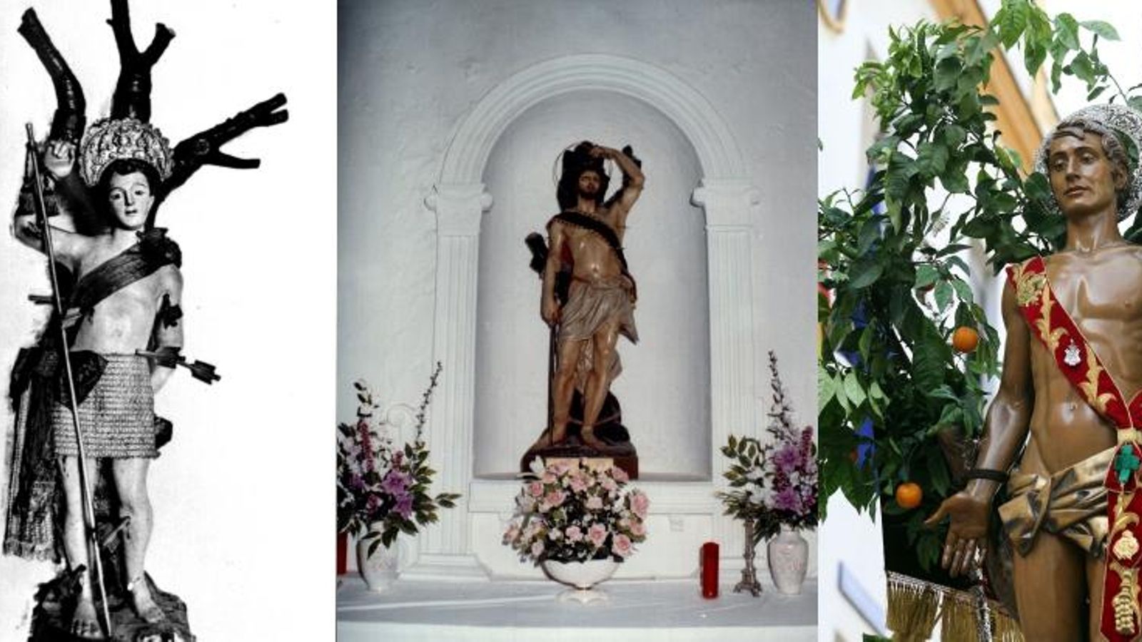 Las tres imágenes del Patrón, la primitiva hoy en la parroquia de San Pedro, la de 1918 en la Redondela, ambas con bastón de alcaldes, y la actual de Pérez Comendador.