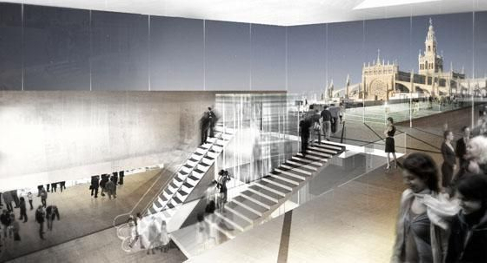 Imagen virtual del vestíbulo del CaixaFórum Sevilla con la Catedral al fondo. / La Caixa