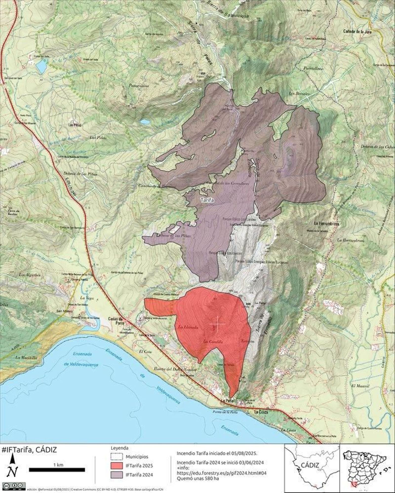 El incendio de Tarifa: en rojo la zona bajo los fuegos actualmente y en gris la zona incendiada en 2024. El incendio de Tarifa: en rojo la zona bajo los fuegos actualmente y en gris la zona incendiada en 2024.