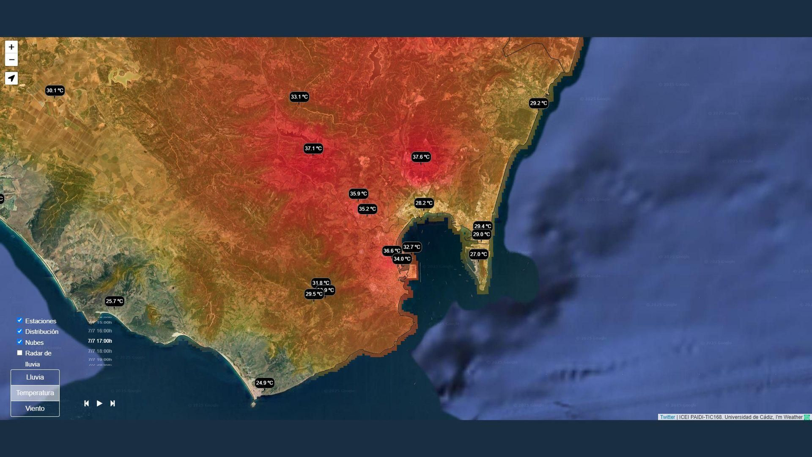 Temperaturas registradas en el arco de la Bahía de Algeciras este lunes, 7 de julio, a las 17:00.