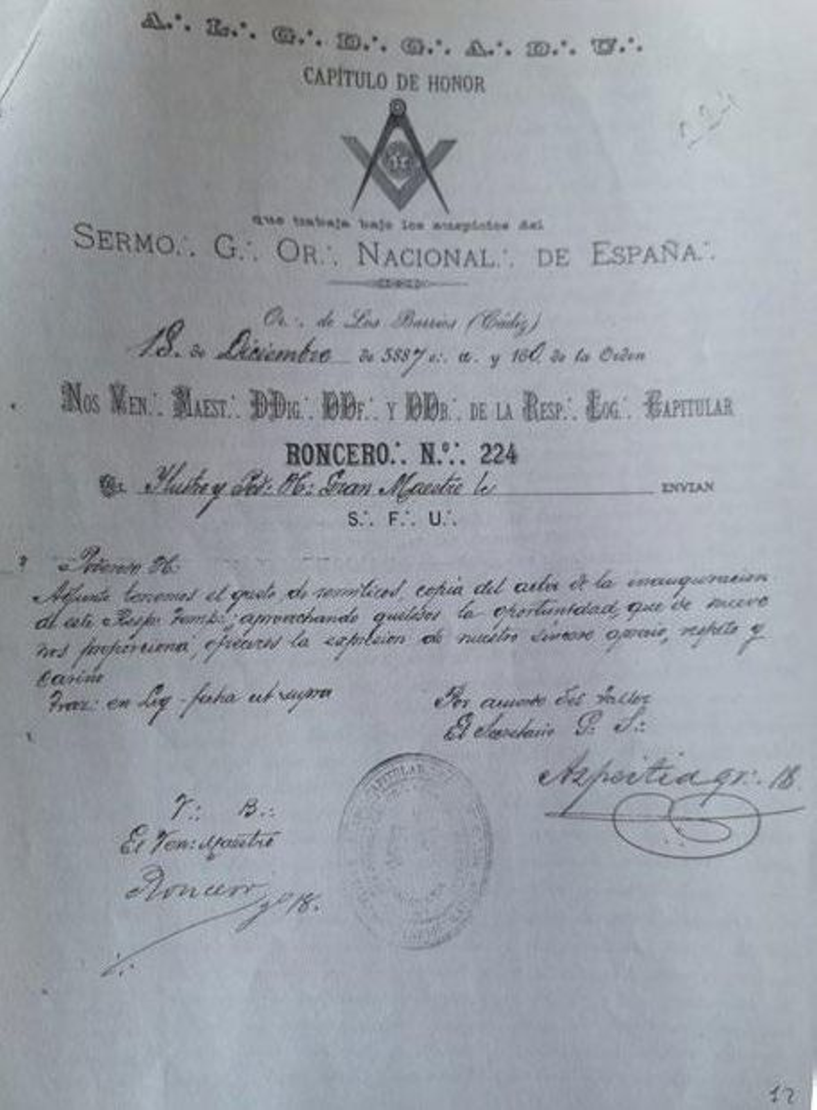 Documento de la logia Roncero nº 224 de Los Barrios, 18/ 12/ 1887, Centro Documental de la Memoria Histórica.