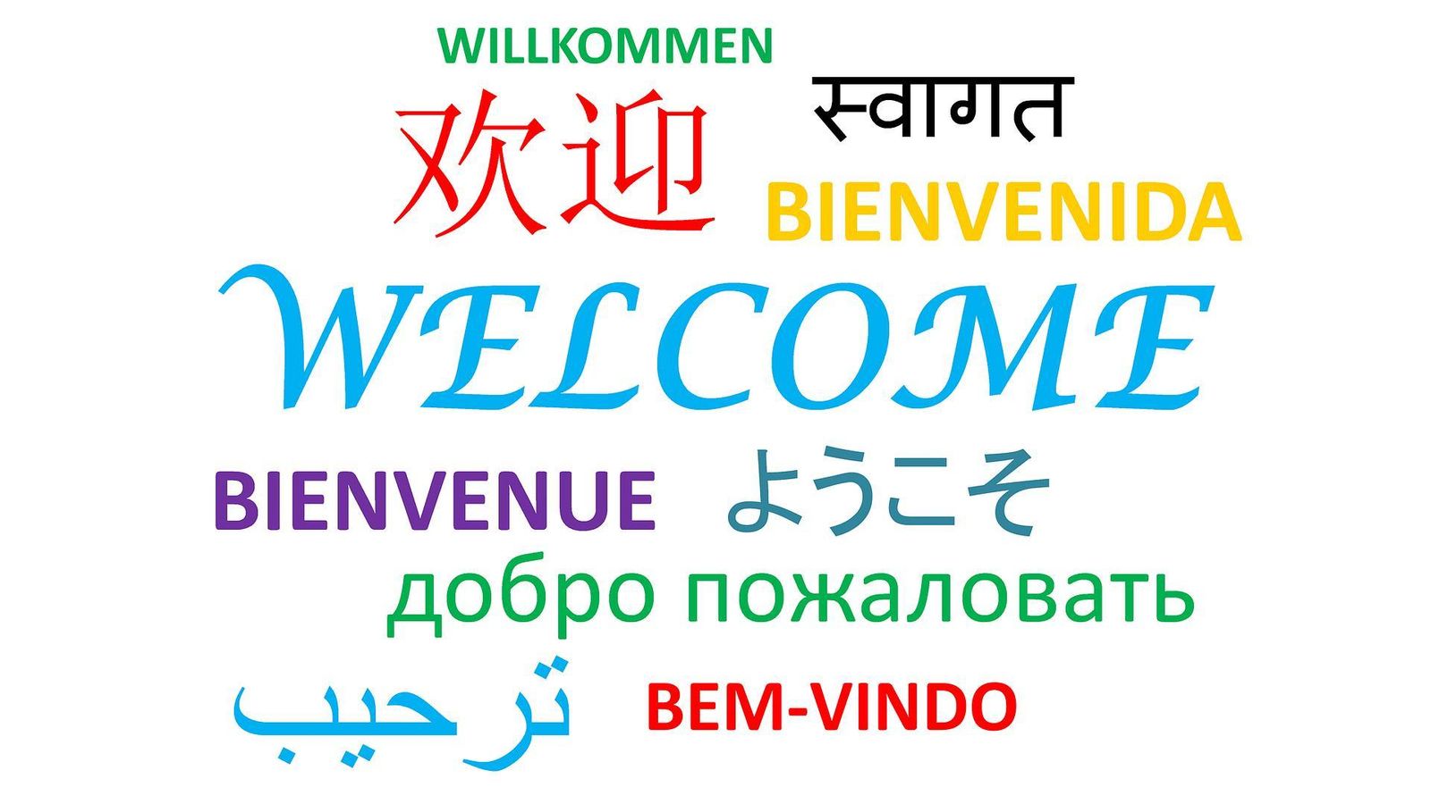 Pizarra con la palabra 'Bienvenida' en diferentes idiomas