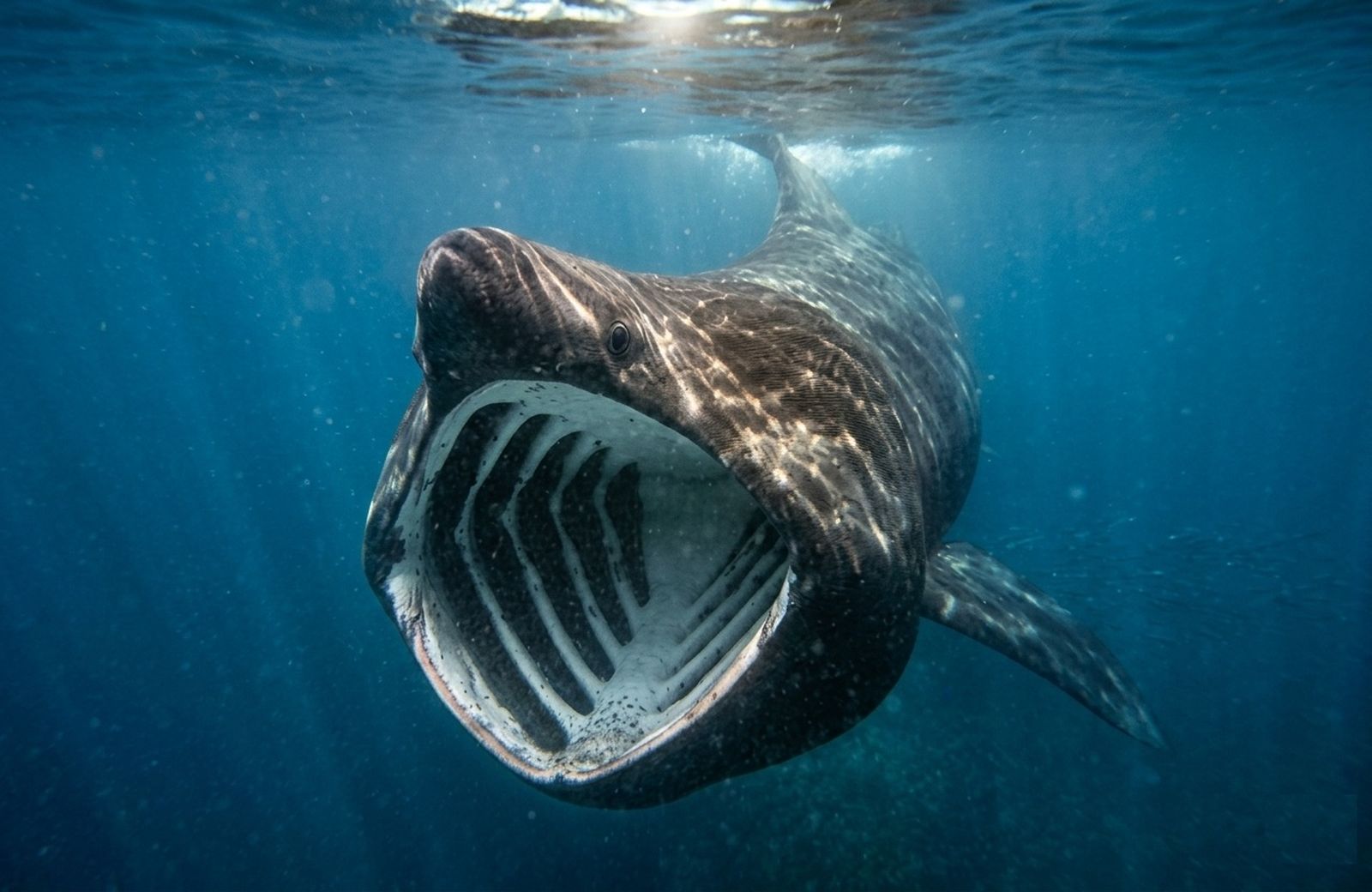 Tiburón peregrino (Cetorhinus maximus) nadando con la boca abierta mientras filtra plancton; es el segundo pez más grande del mundo y su presencia está documentada en el mar de Alborán, frente a la costa de Almería.
