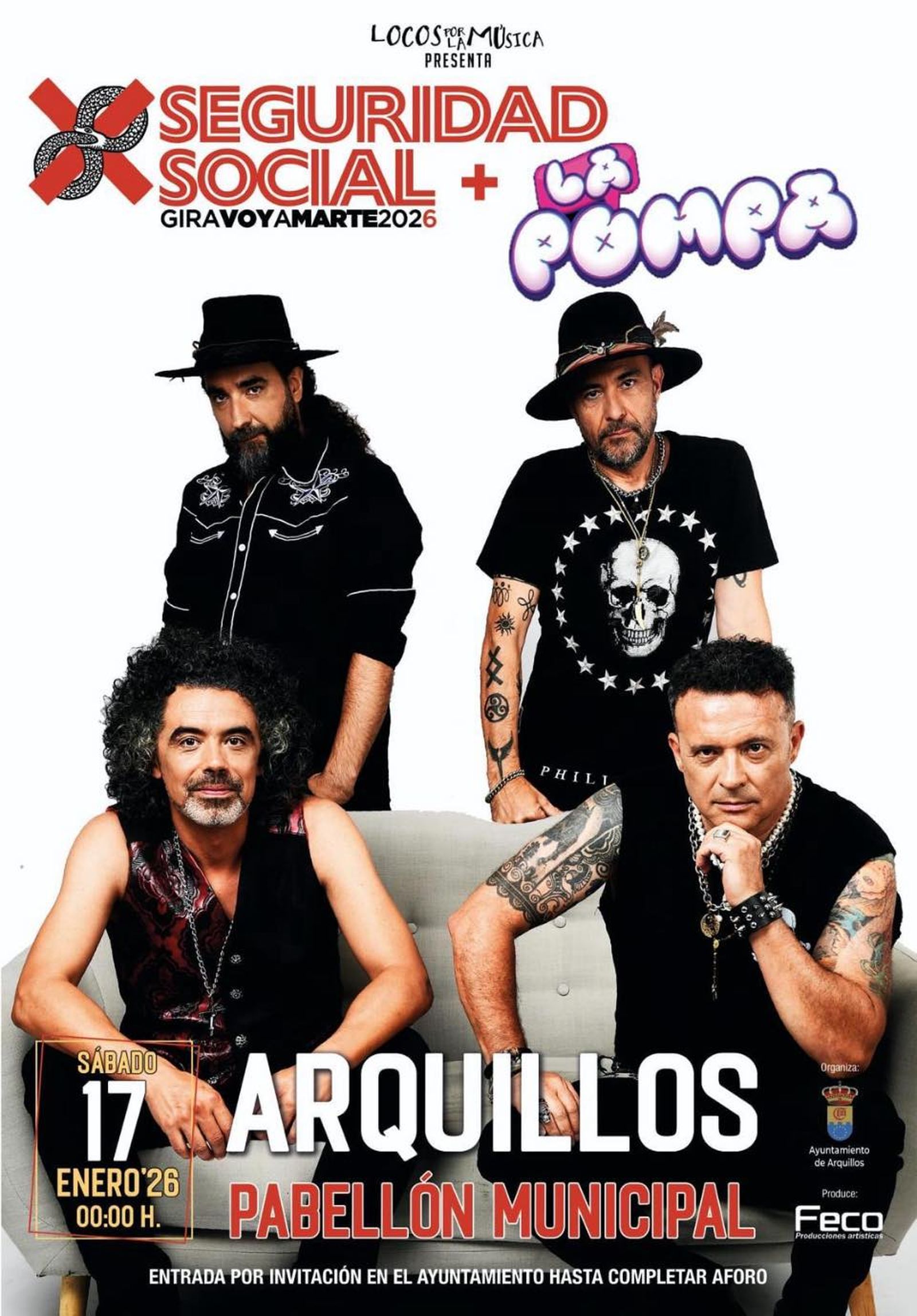 Cartel del concierto de Seguridad Social y La Pompa en Arquillos, Jaén, el 17 de enero de 2026. Entrada gratuita por invitación hasta completar aforo.