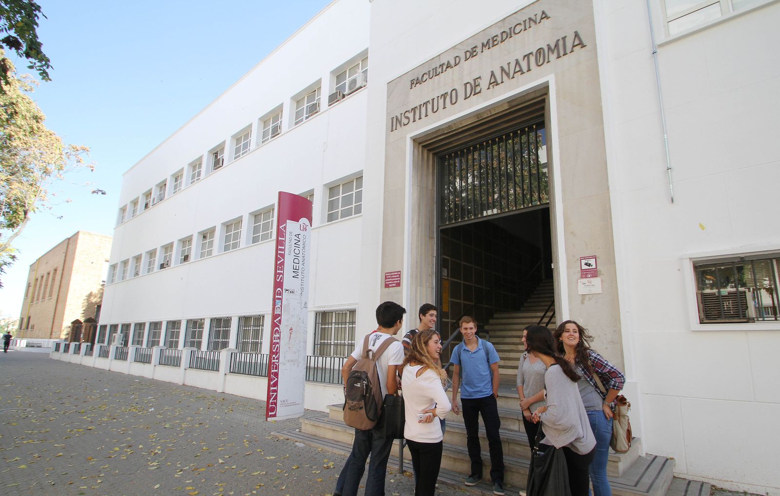 Estudiantes en la puerta de la Facultad de Medicina de la US.