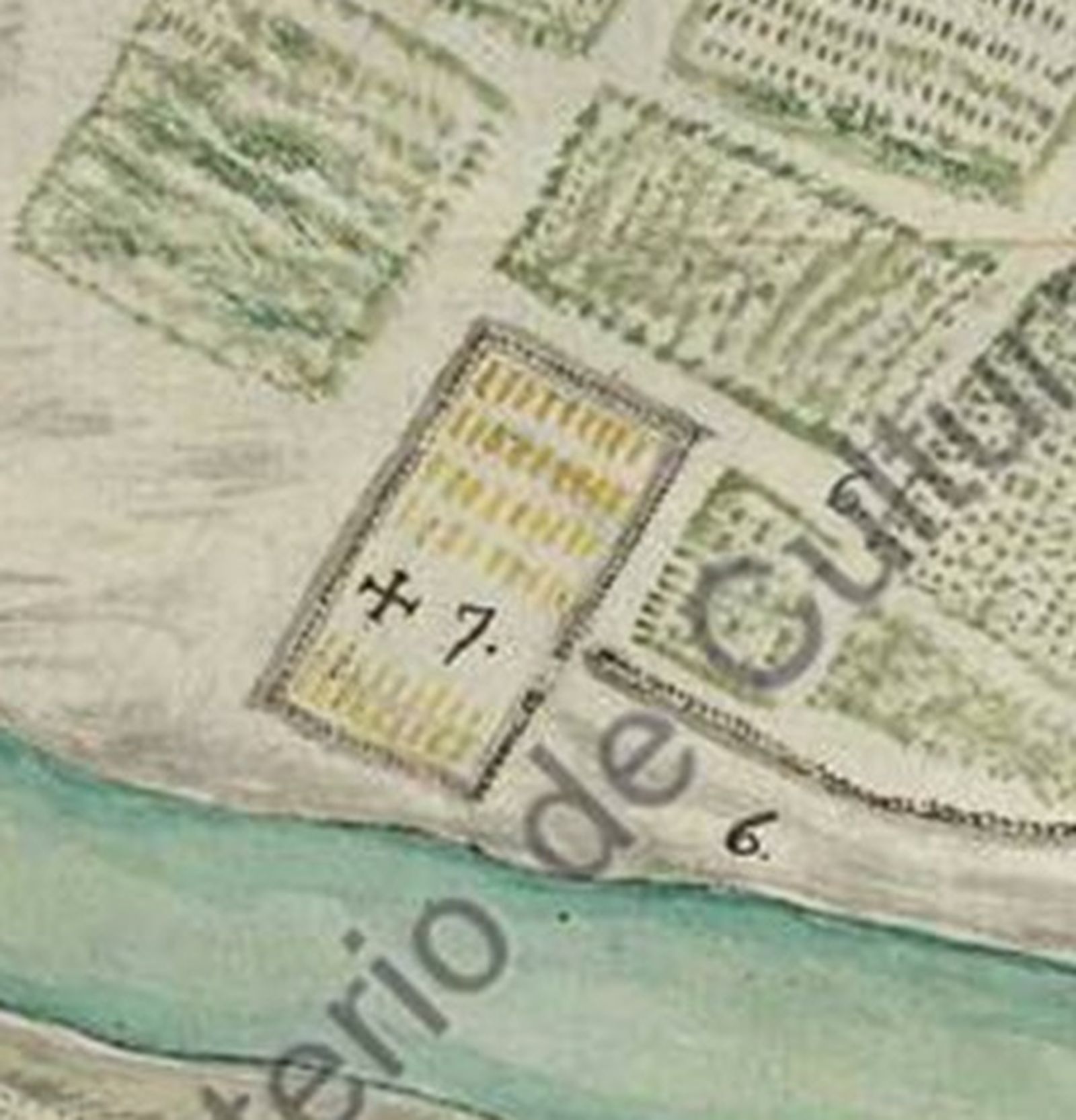 El cementerio militar del Realejo. Junto a la cifra 7, la puerta del recinto, mientras que la 6 nos sirve para marcar el camino de acceso. Vemos también que el sistema de cierre es idéntico al de las demás espacios agrícolas.