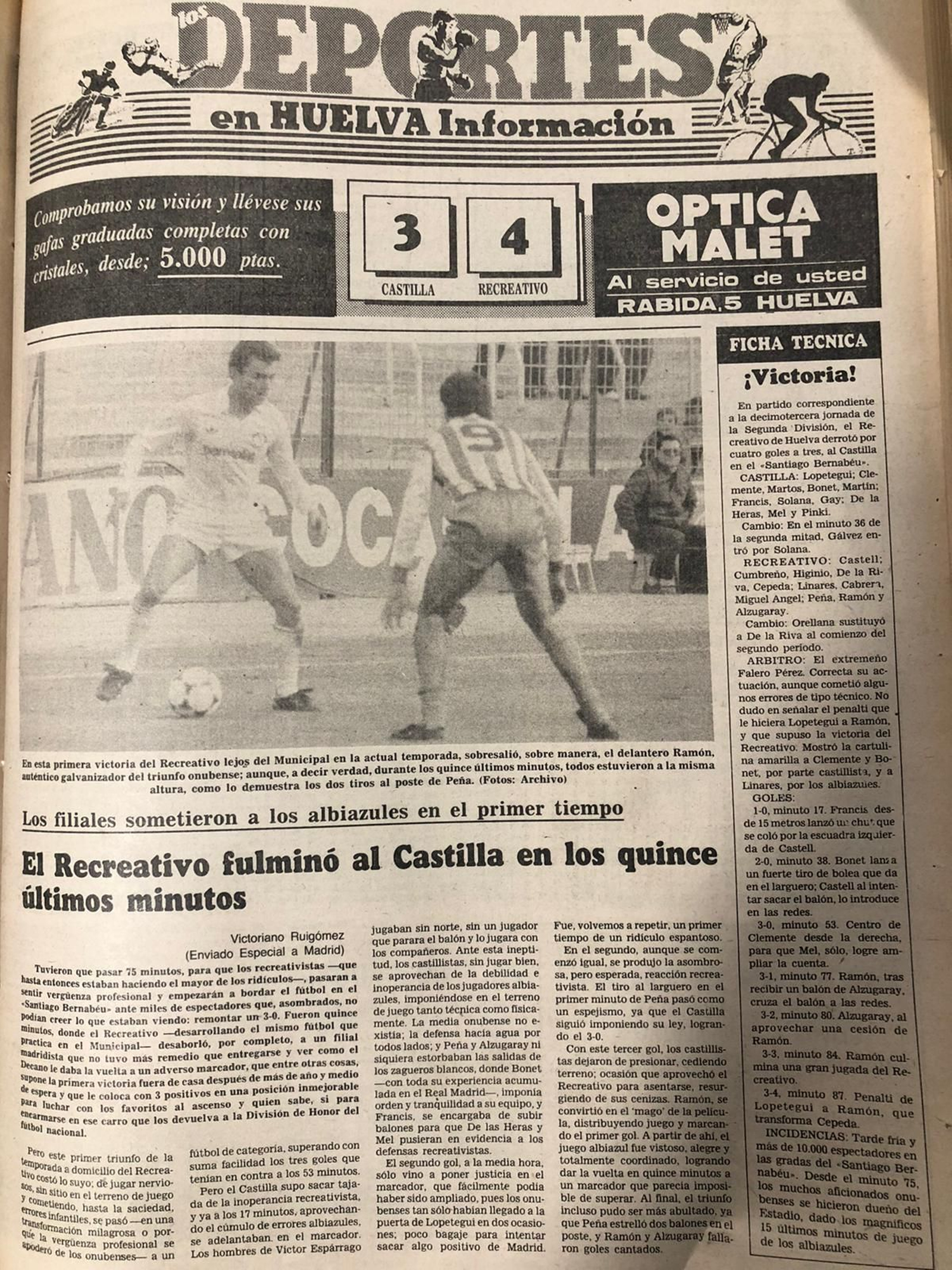 Crónica Real Madrid Castilla 3-4 Recreativo de Huelva en 'Huelva Información'.