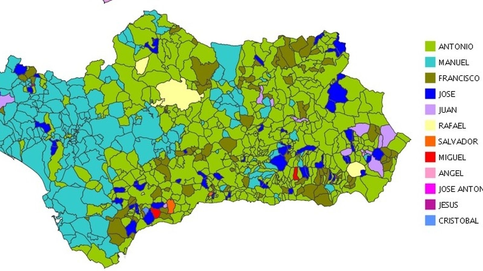 Mapa de los nombres masculinos más repetidos en Andalucía