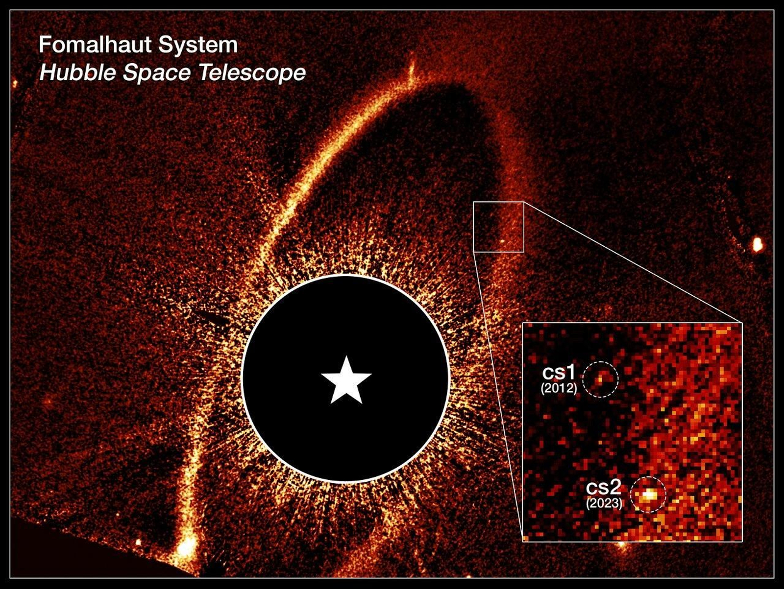 Esta imagen compuesta del telescopio espacial Hubble de la NASA/ESA muestra el anillo de escombros y las nubes de polvo cs1 y cs2 alrededor de la estrella Fomalhaut.