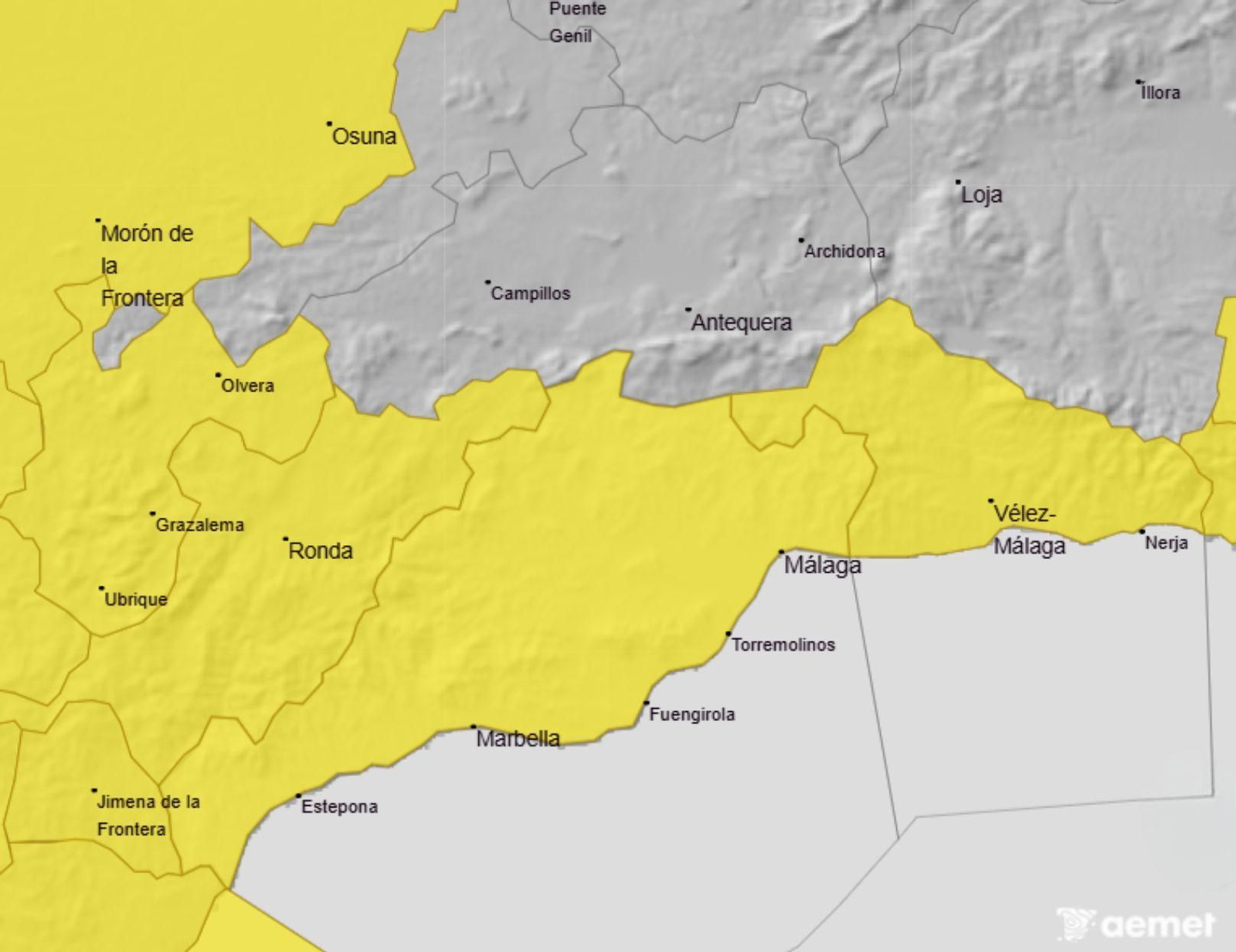 Aviso amarillo por lluvias en Málaga por el paso de la borrasca Claudia.