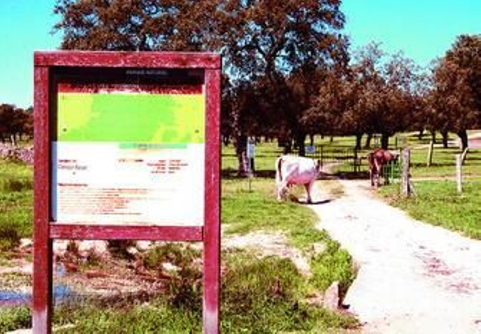Un cartel indica el recorrido del sendero que une las aldeas de El Cerezo y Azuel. Un cartel indica el recorrido del sendero que une las aldeas de El Cerezo y Azuel.