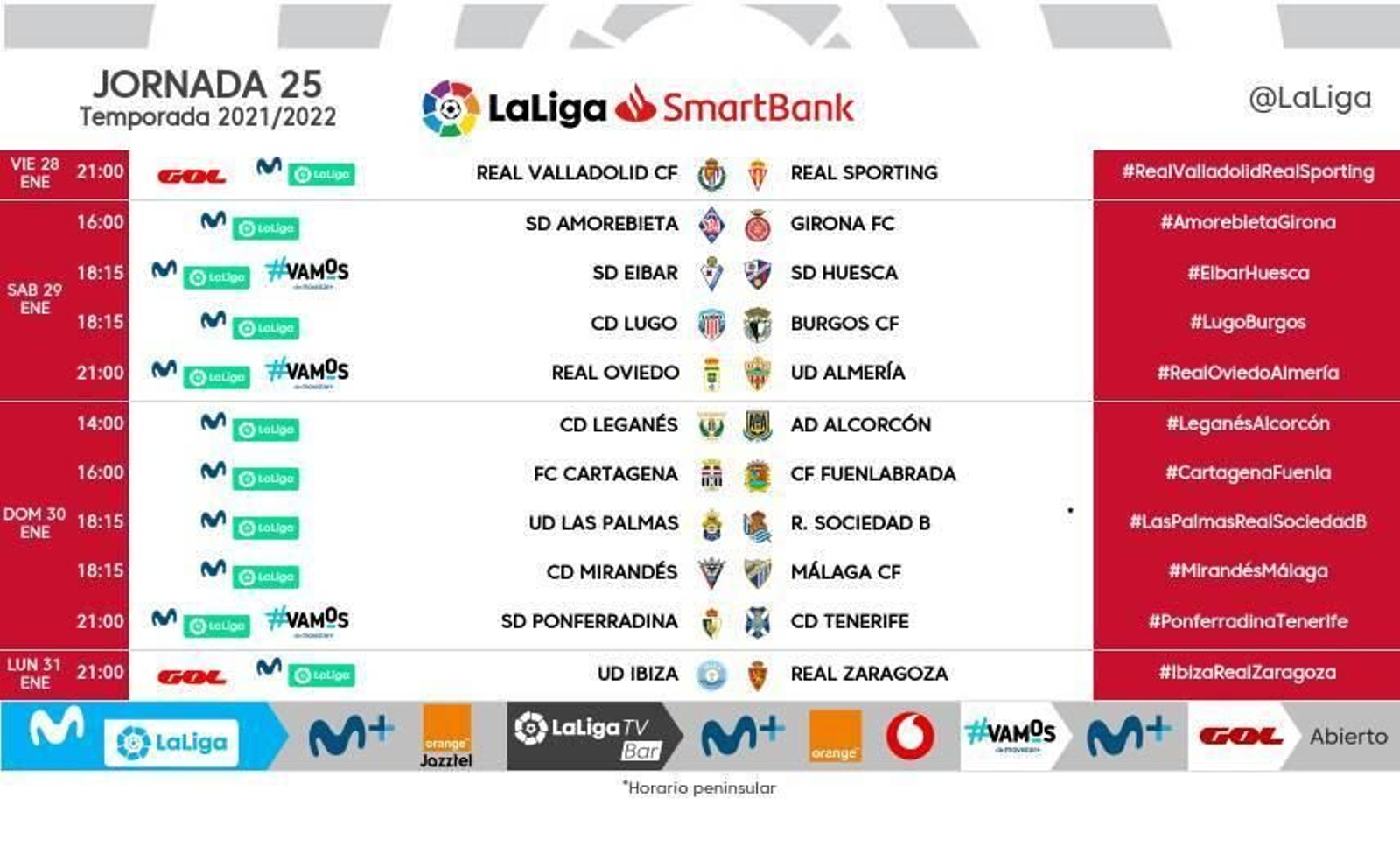Todos los horarios de la jornada 25 de Segunda División Todos los horarios de la jornada 25 de Segunda División