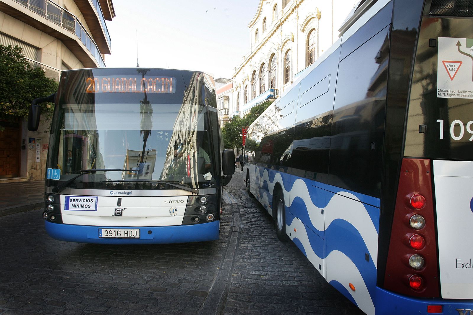 Dos autobuses urbanos circulando por pleno centro de Jerez.