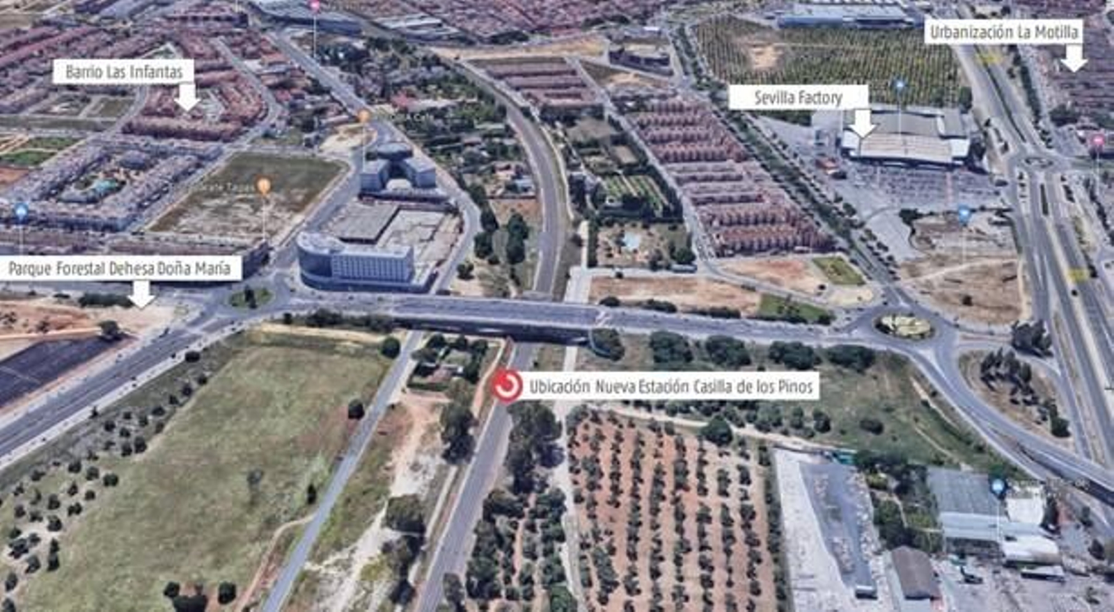 La ubicación de la nueva estación Castilla de los Pinos en Dos Hermanas.