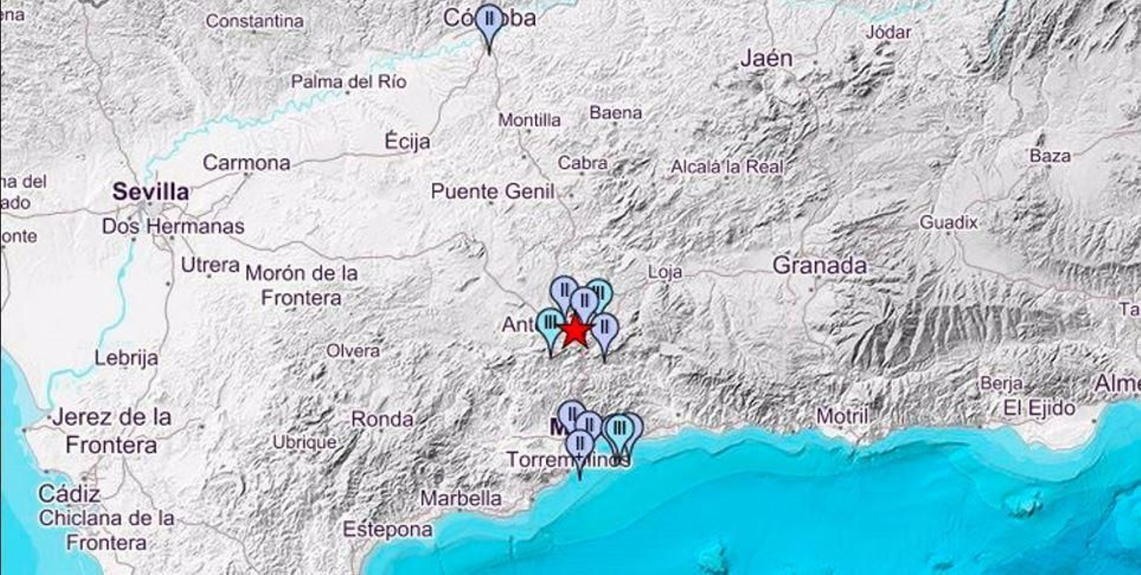 Epicentro del terremoto en la provincia de Málaga y lugares en los que se ha sentido.
