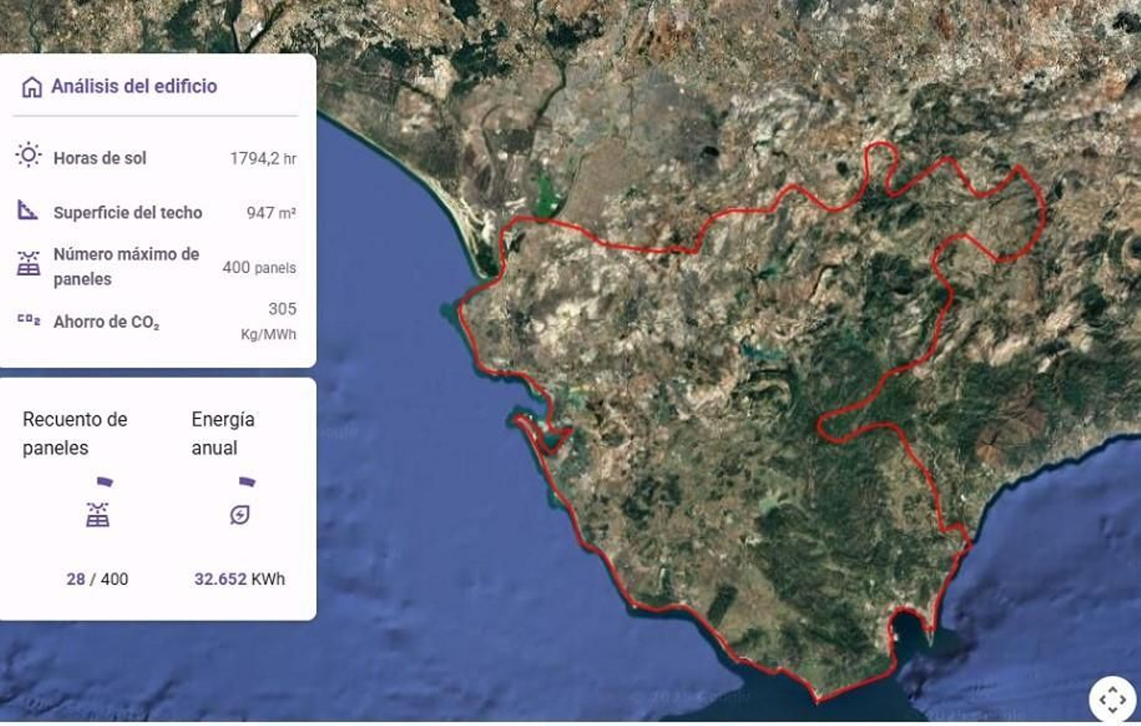 Análisis del potencial del edificio de El Madrugador realizado con la Calculadora Fotovoltaica.