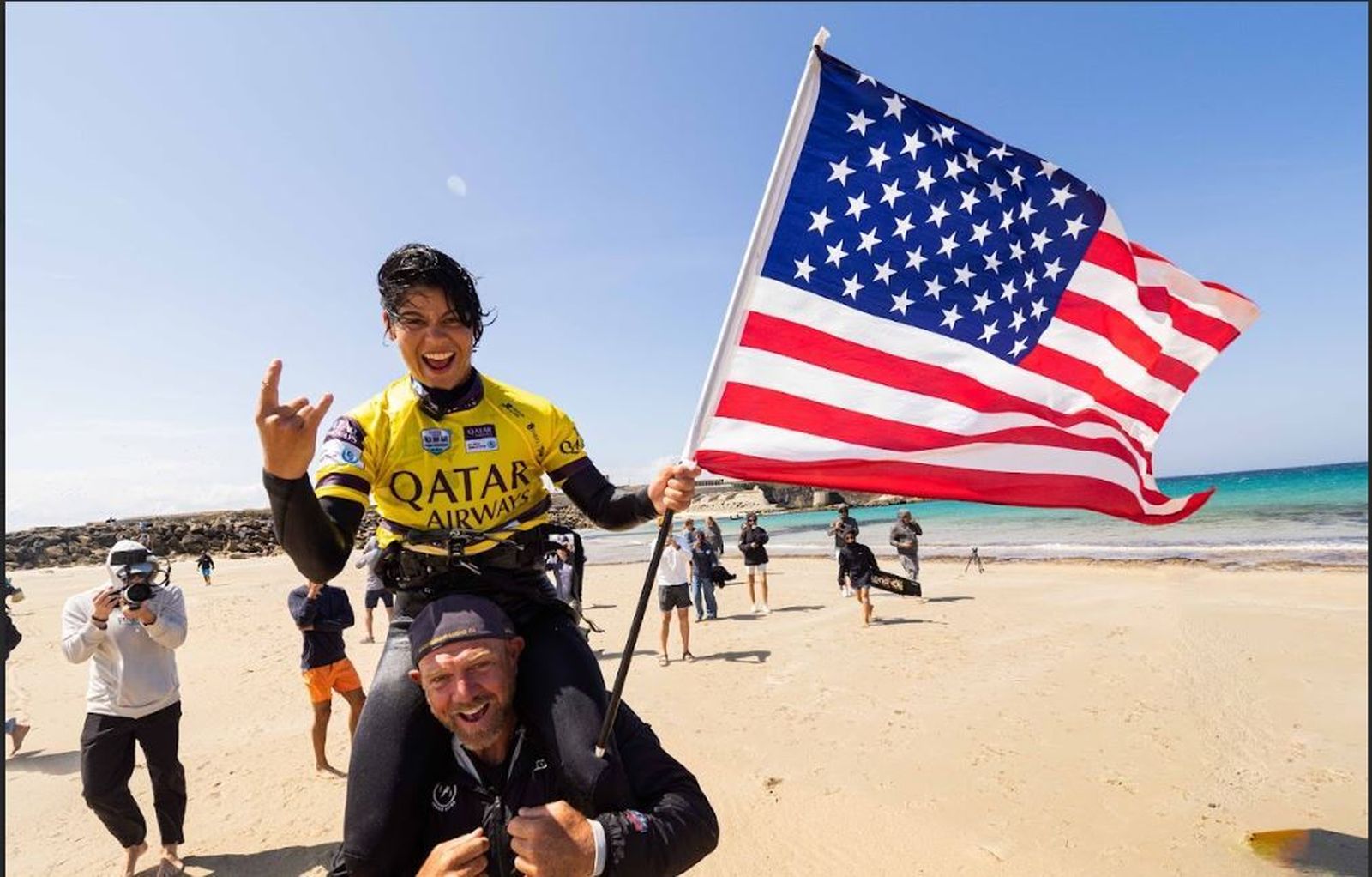 La estadounidense Mikaili Sol (EEUU) celebra su victoria en Tarifa