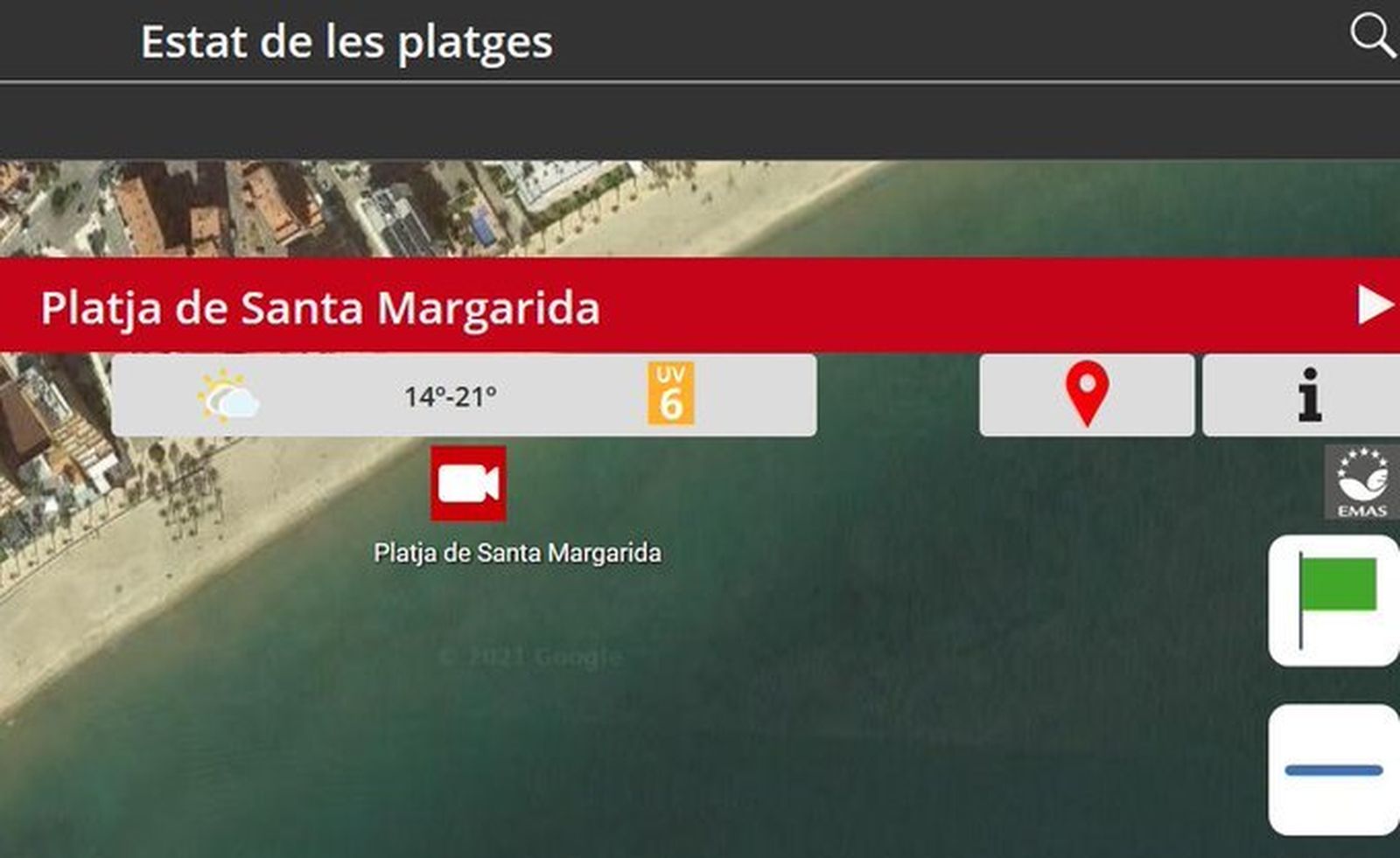 Captura de Twitter del estasdo de la playa de Santa Margarita, en Roses.
