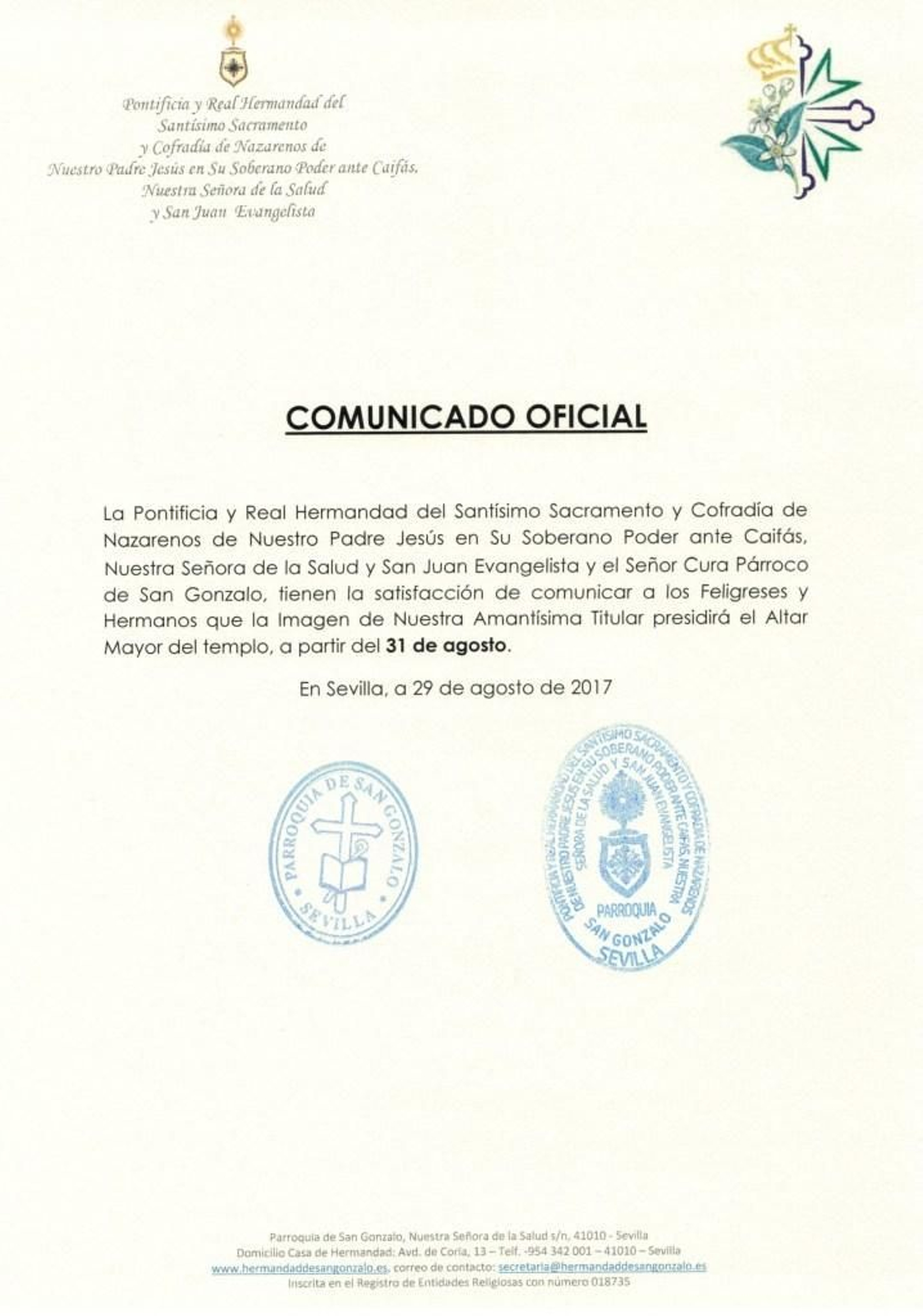 Comunicado de la Hermandad de San Gonzalo
