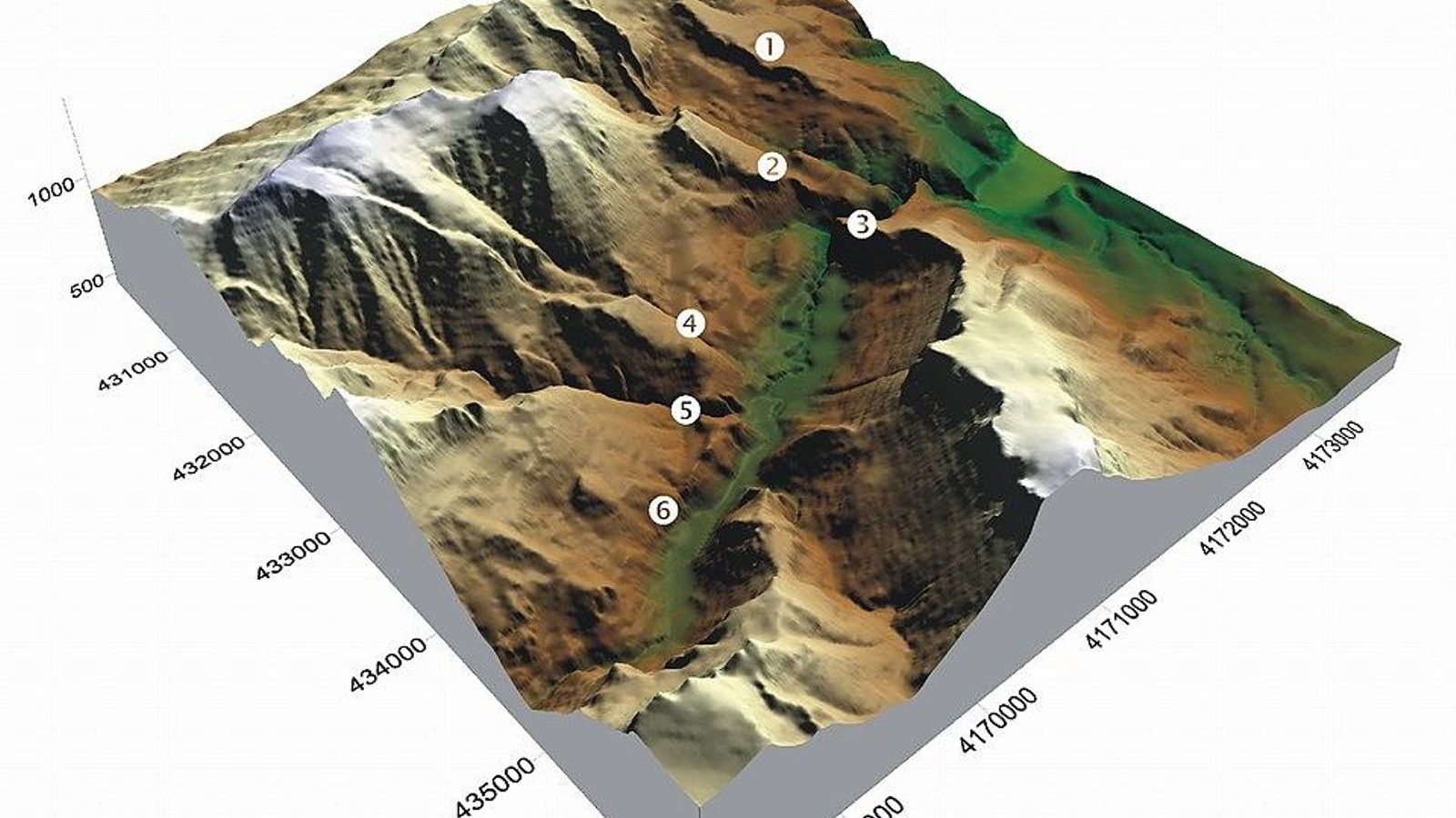 Distribución de los Conjuntos Rupestres de los Valles de Otíñar: Cerro del Frontón (1), Cerro Veleta (2), Peñón de la Bríncola (3), Barranco de la Cañada (4), Barranco de la Tinaja (5) y Vegas Altas (6).
