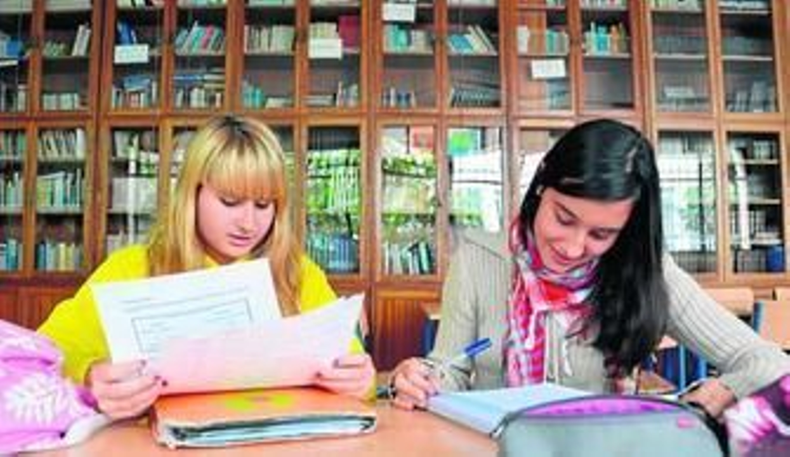 Dos alumnas estudiando en la bien dotada biblioteca del instituto.