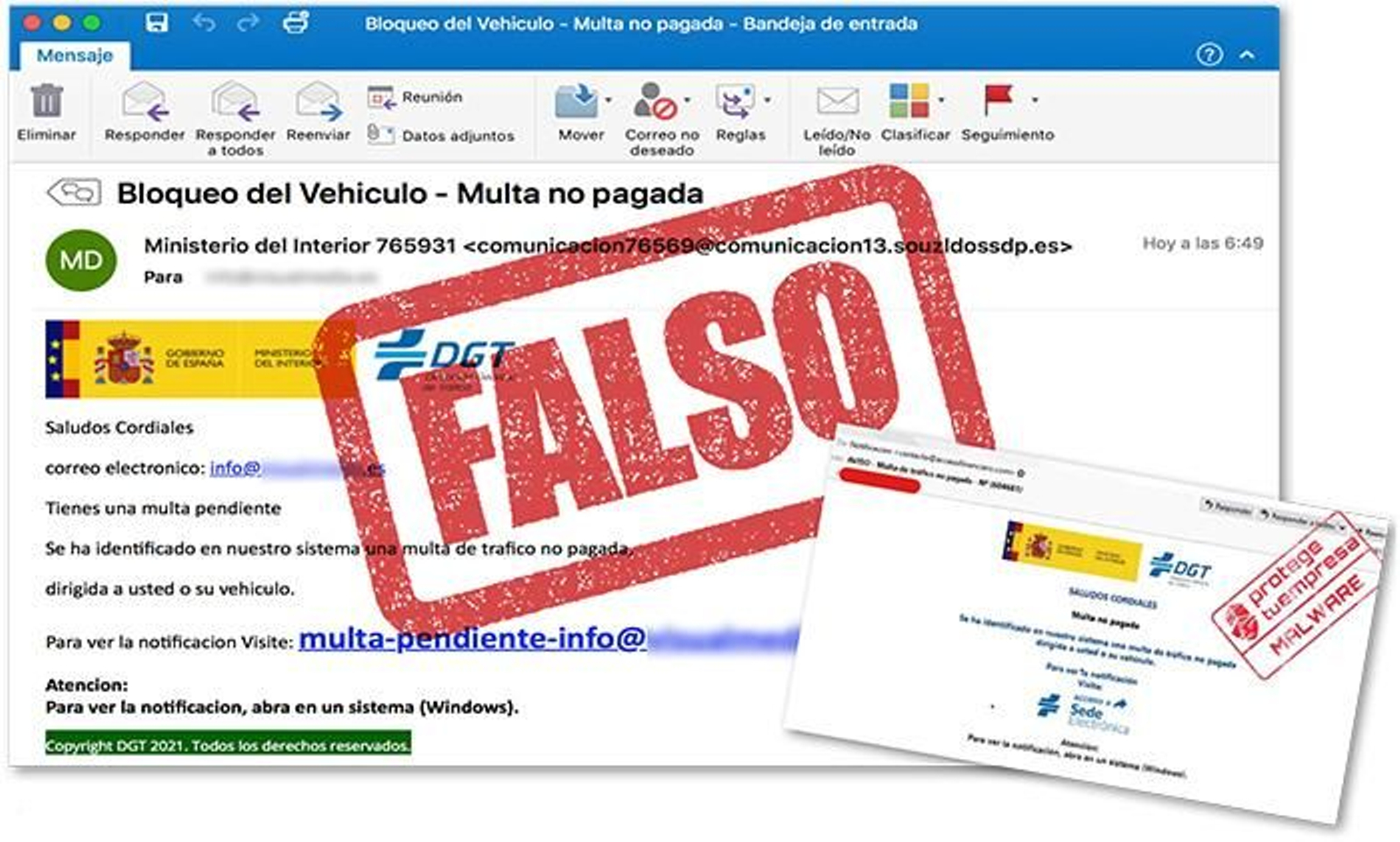Correo falso sobre el que la DGT está avisando a los conductores.