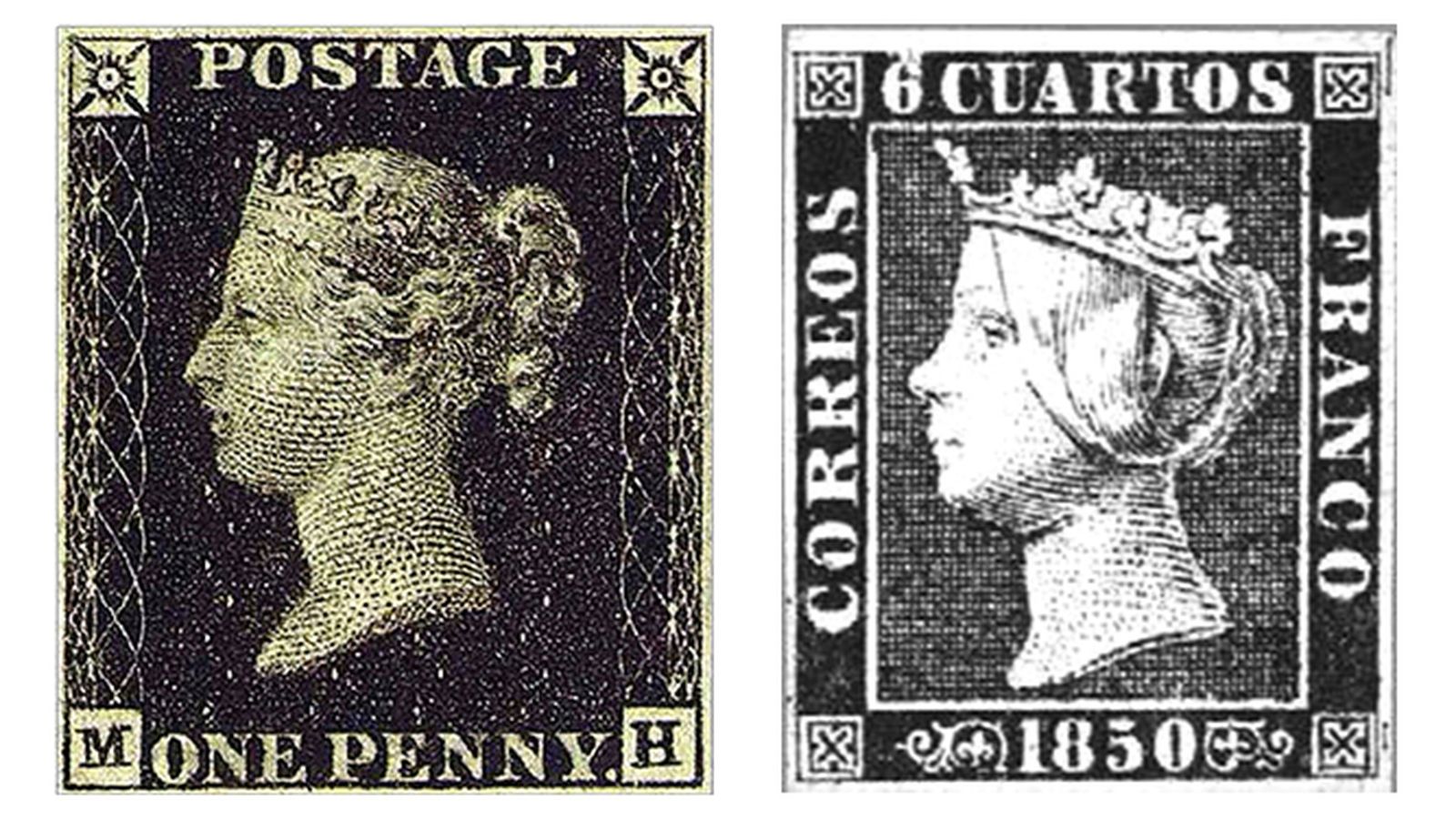 El primer sello emitido en el mundo, el Penny Black de la reina Victoria, junto al primer sello emitido en España de Isabel II. La historia quiso que los dos fueran dedicados a una mujer