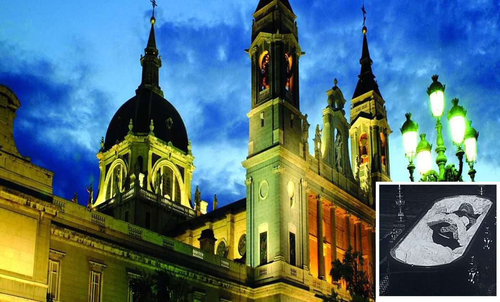 Un montaje con la Catedral de La Almudena de fondo, y Franco en su capilla ardiente Un montaje con la Catedral de La Almudena de fondo, y Franco en su capilla ardiente
