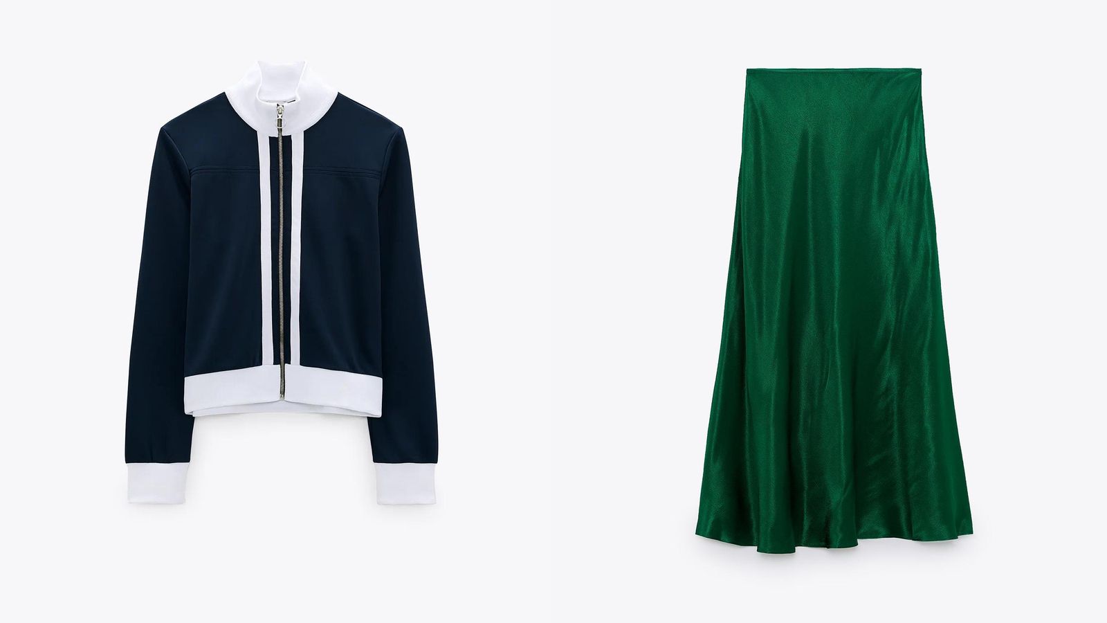 La sudadera de Zara combinada con una falda verde satinada, también de Zara.