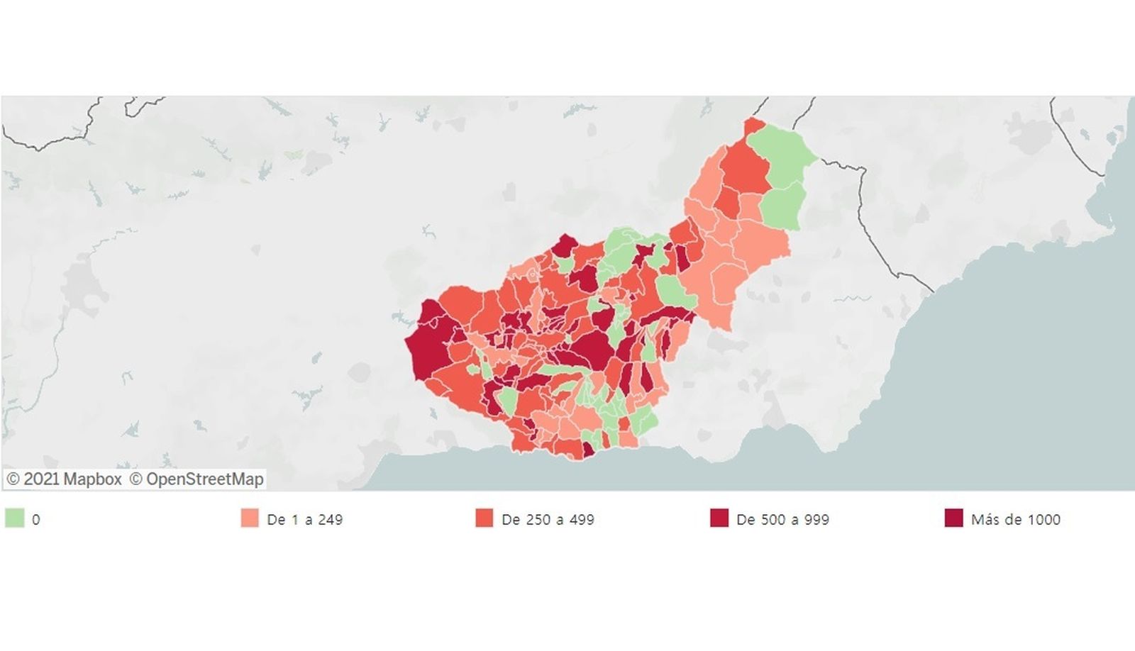 Mapa de la situación del coronavirus en Granada por municipios.