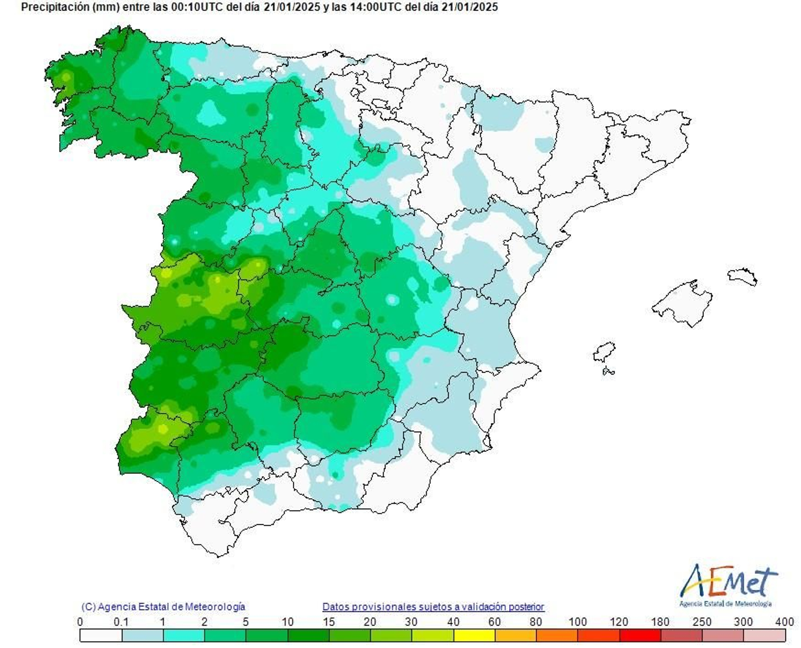 Precipitaciones registradas durante el día 21 hasta las 3 de la tarde, según Aemet Andalucía.