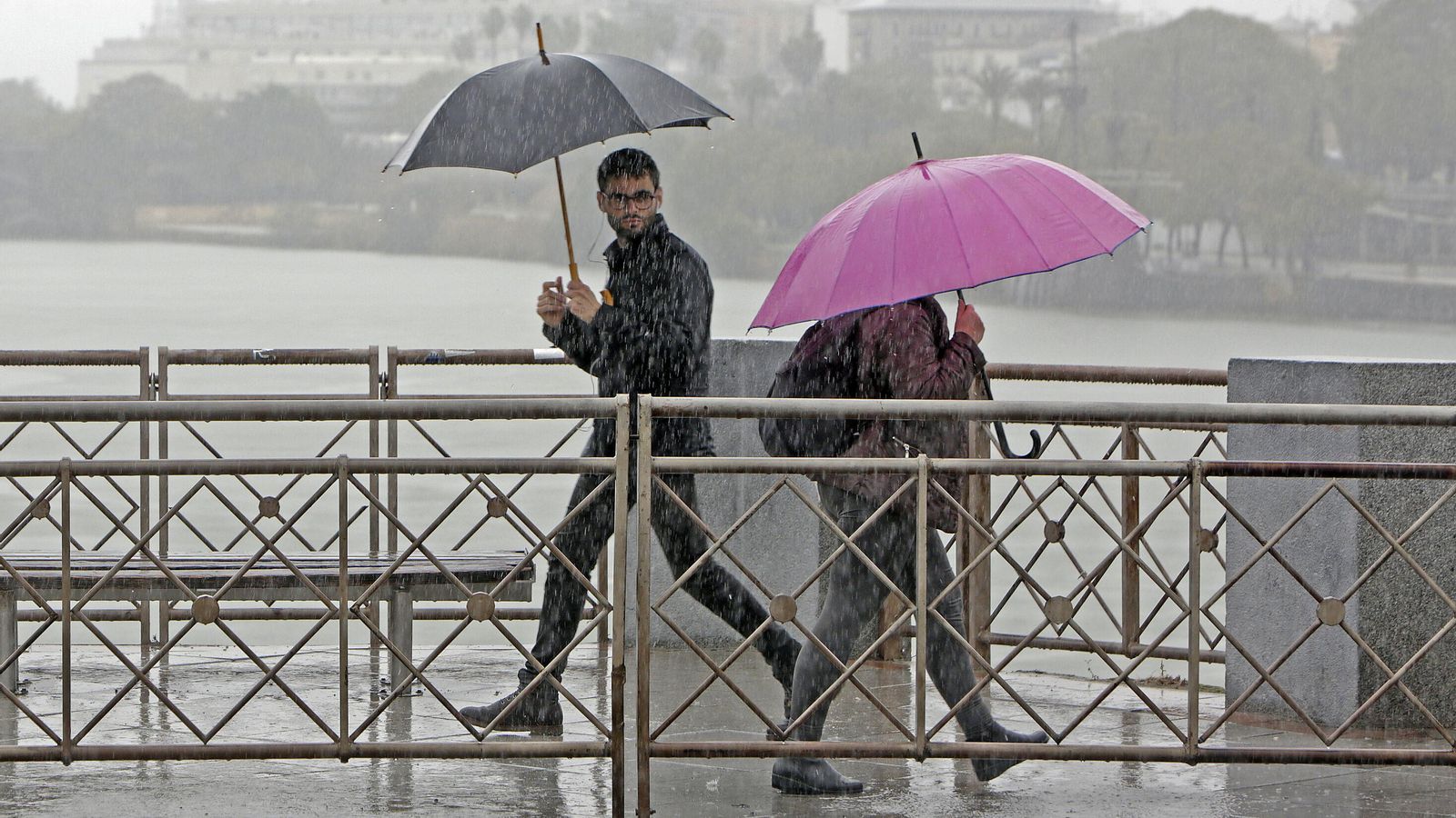Dos personas en Sevilla cruzan el río bajo un chaparrón.