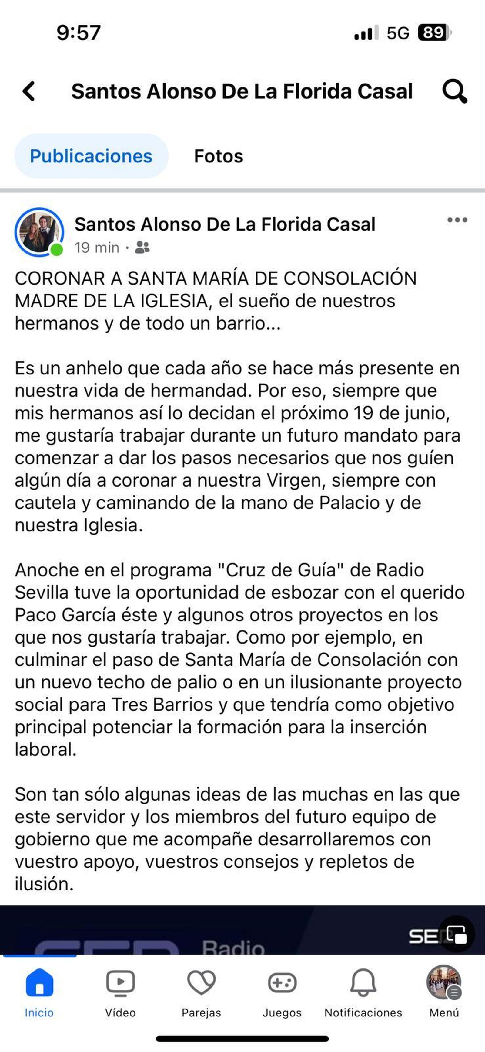 Mensaje de Facebook en el perfil de Santos