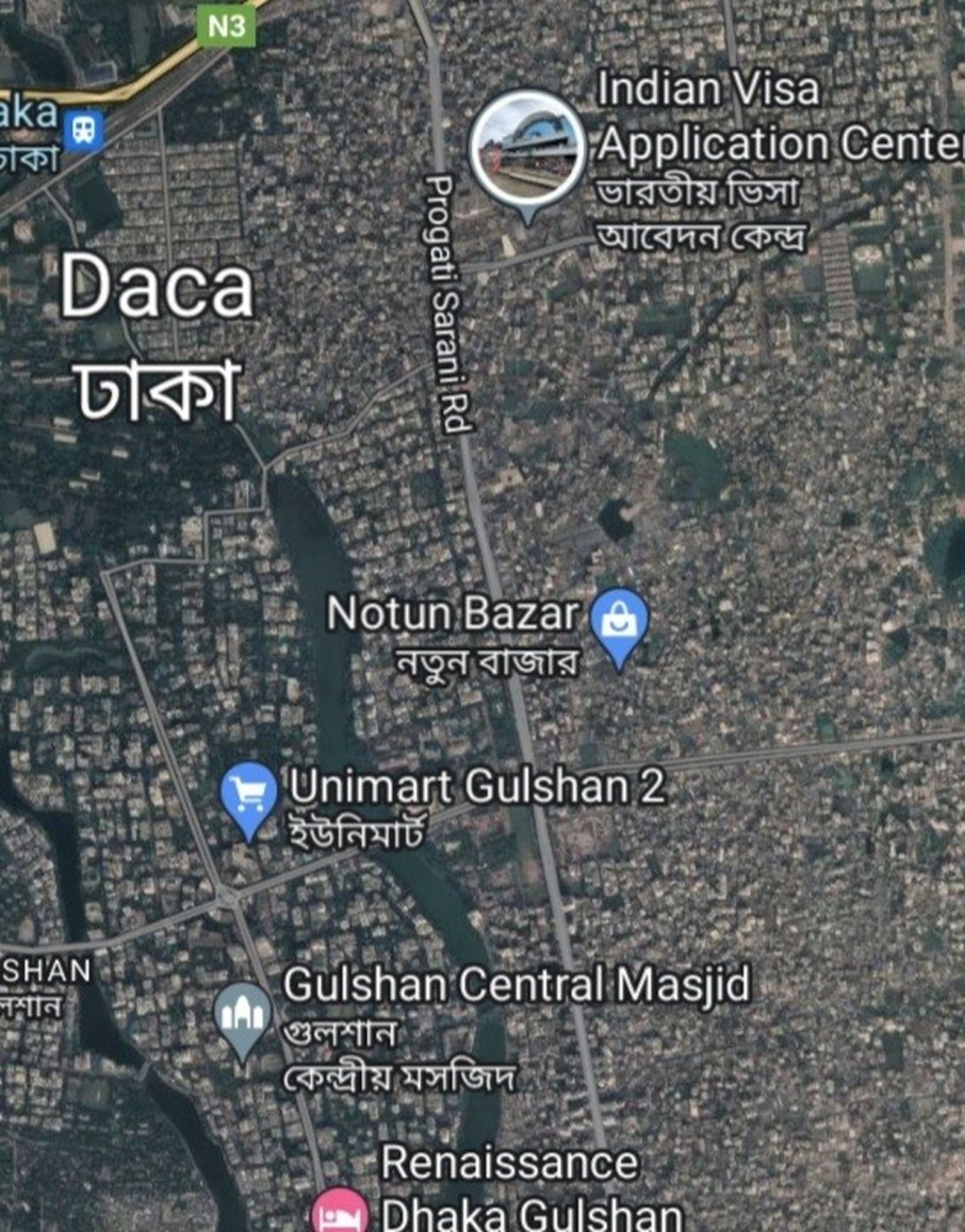 Dhaka desde el Google Maps con sus apretadas manzanas de edificios