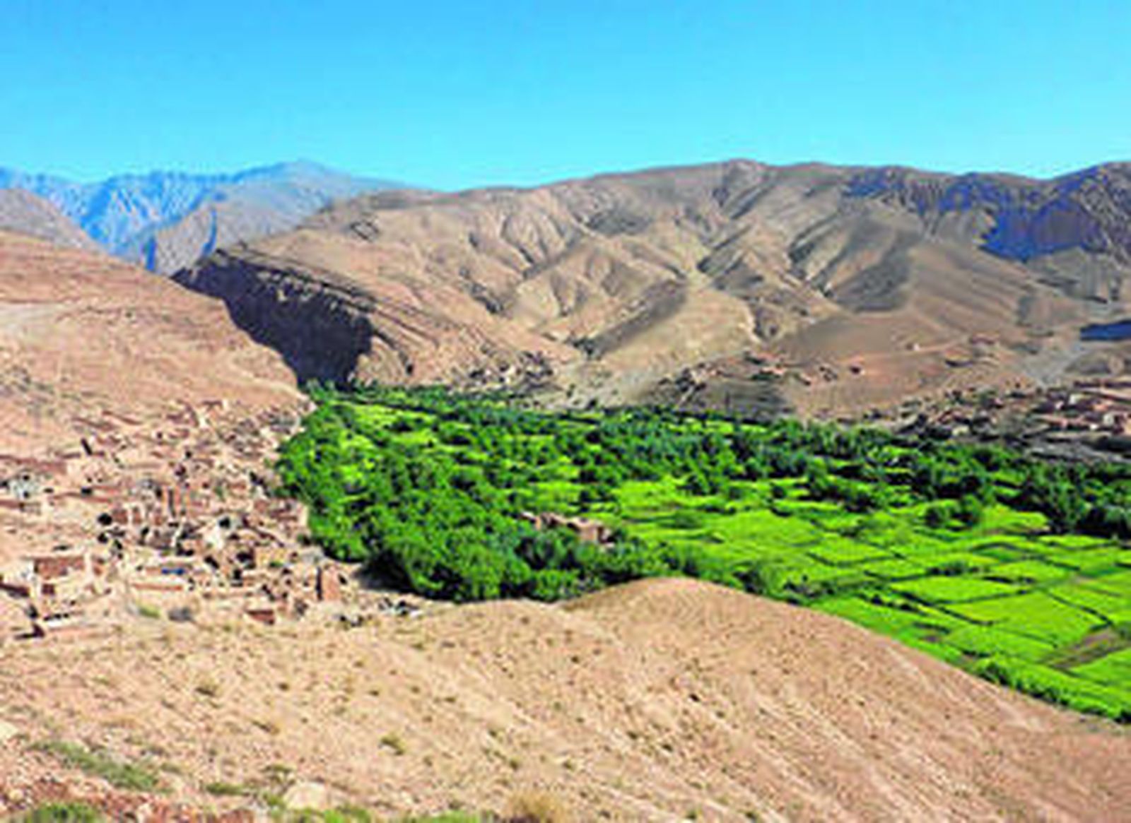 Vista general en la que se aprecian las viviendas de adobe levantadas en la zona más árida del valle, junto a los frondosos cultivos agrícolas que se han conseguido en las riberas del río.