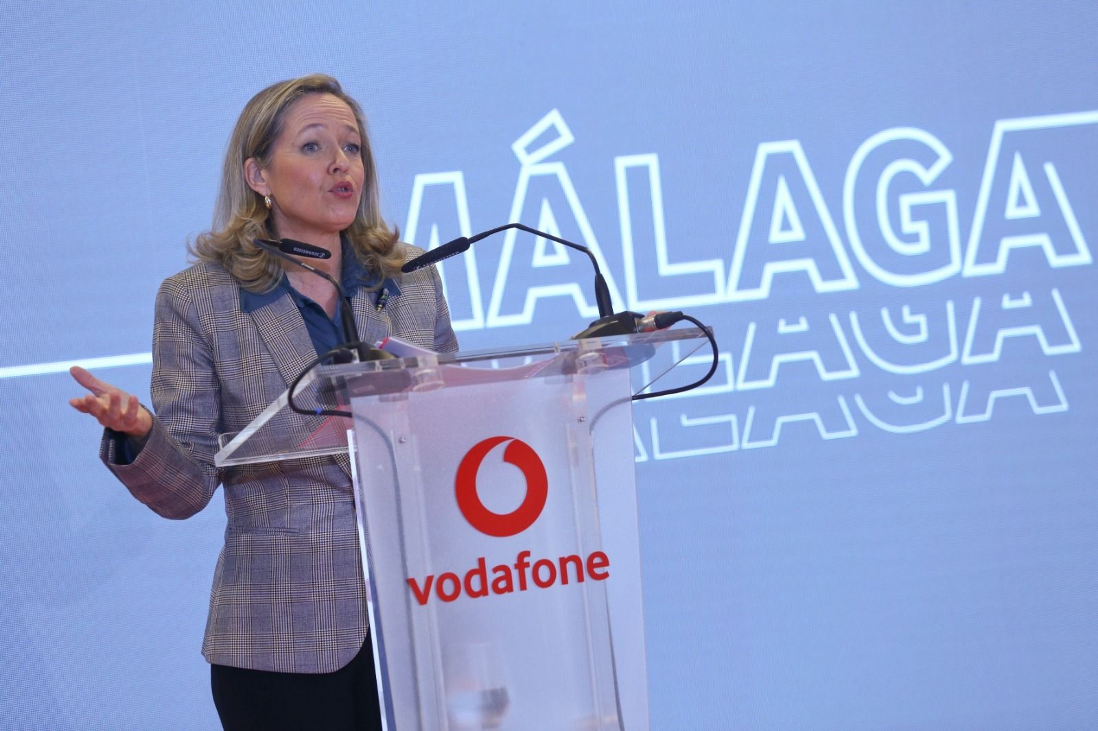 Nadia Calviño tras la presentación del hub de innovación de Vodafone en Málaga.